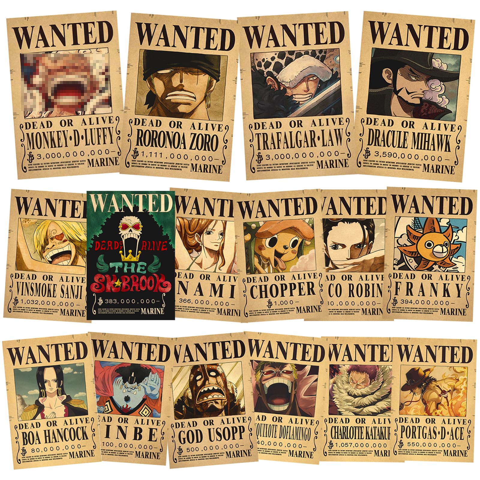 Byhsoep Pack of 16 anime posters, 7.8 x 11.2 inches, anime latest Wanted poster edition, straw hat, pirates, Nika Ruffy Gear 5, Zoro, Law, Kidd, Robin, Nami, Jinbei, Sanji Wanted Decor Posters