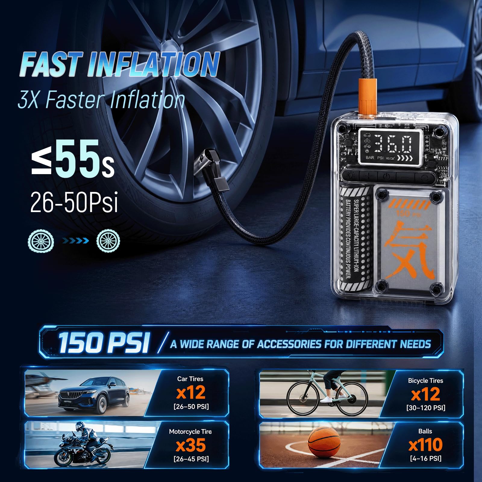 Compressore Aria Portatile 150 PSI (10,3 Bar), Mini Compressore Senza Fili, Gonfiatore Pneumatici Elettrico con Display LCD, Spegnimento Automatico, Luce LED, per Auto Moto Bici Palloni