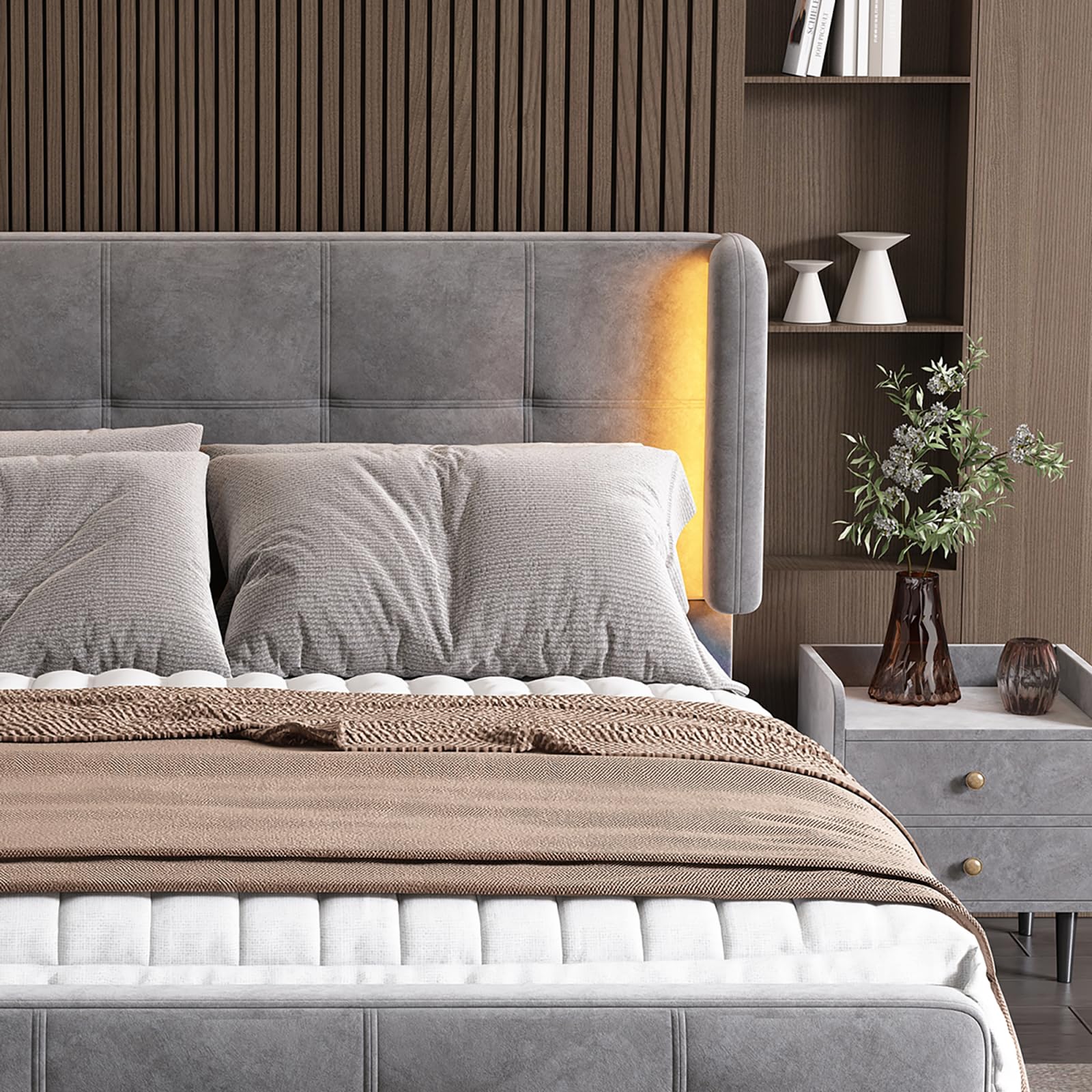 Letto imbottito 140 x 200 cm – letto matrimoniale con barra LED a 16 colori e testa regolabile, letto a molle con rete a doghe, letto per ragazzi grigio velluto (senza materasso)