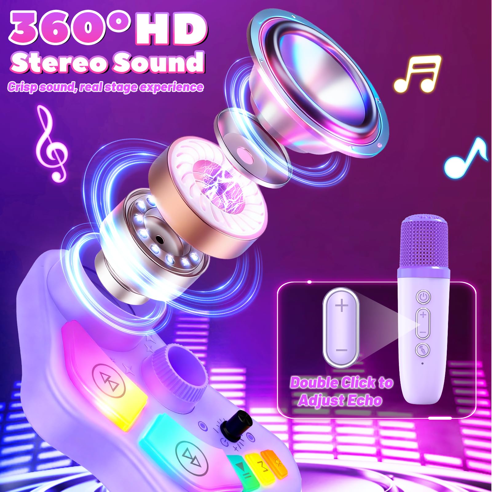 Wiederaufladbare Karaoke-Maschine, Spielzeug für Kinder, mit 2 kabellosen Mikrofonen, Weihnachts-Mikrofon, Geschenke für 3, 4, 5, 6, 7, 8 Jahre alte Mädchen, Enkelkinder, Bluetooth-Lautsprecher mit