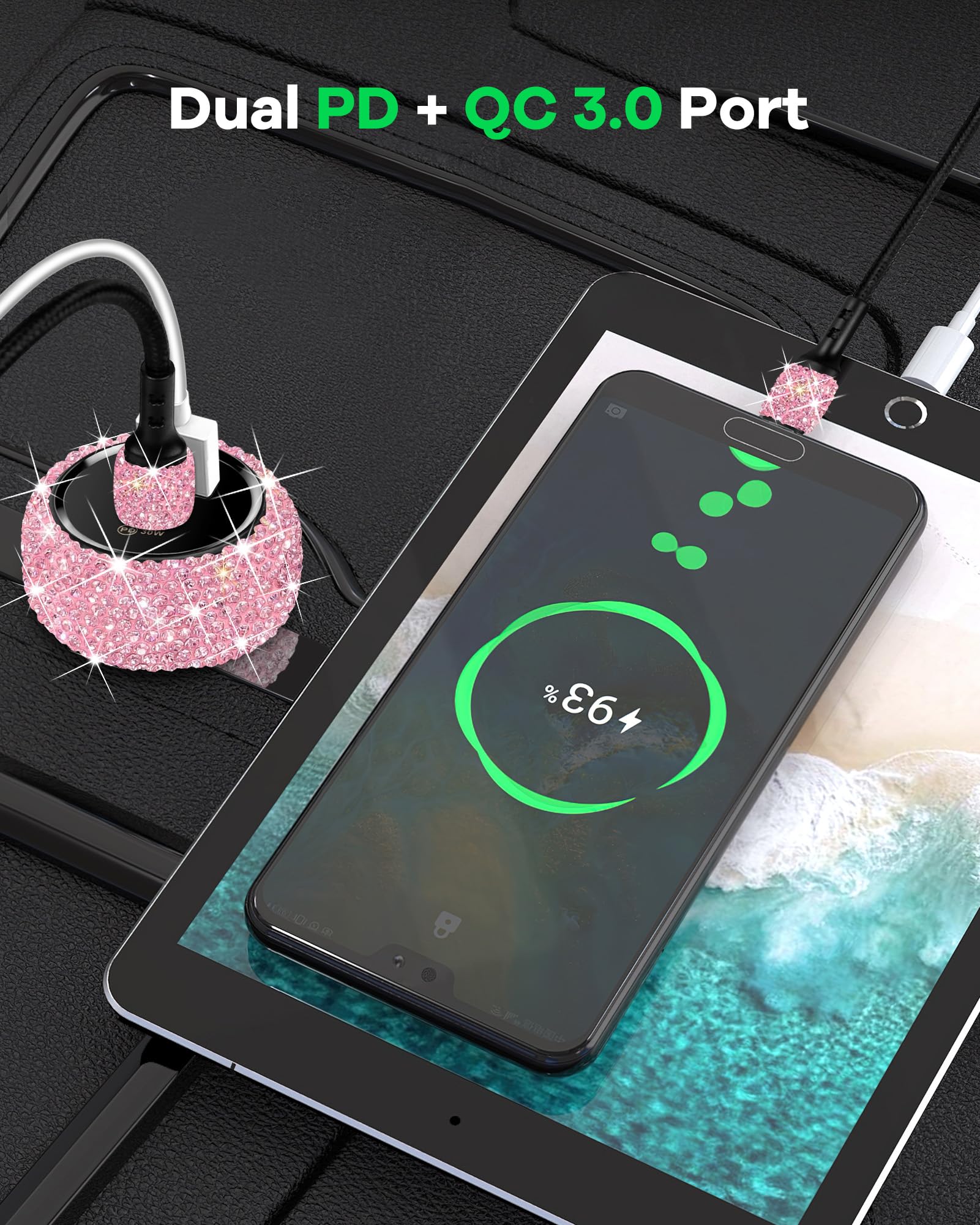 Bling USB C Car Charger, 48W PD QC Dual Port Fast Adapter with 3.2FT USB Type-C Charging Cable Compatible with iPhone 16 15 Pro Max iPad Samsung Galaxy Android(Pink)