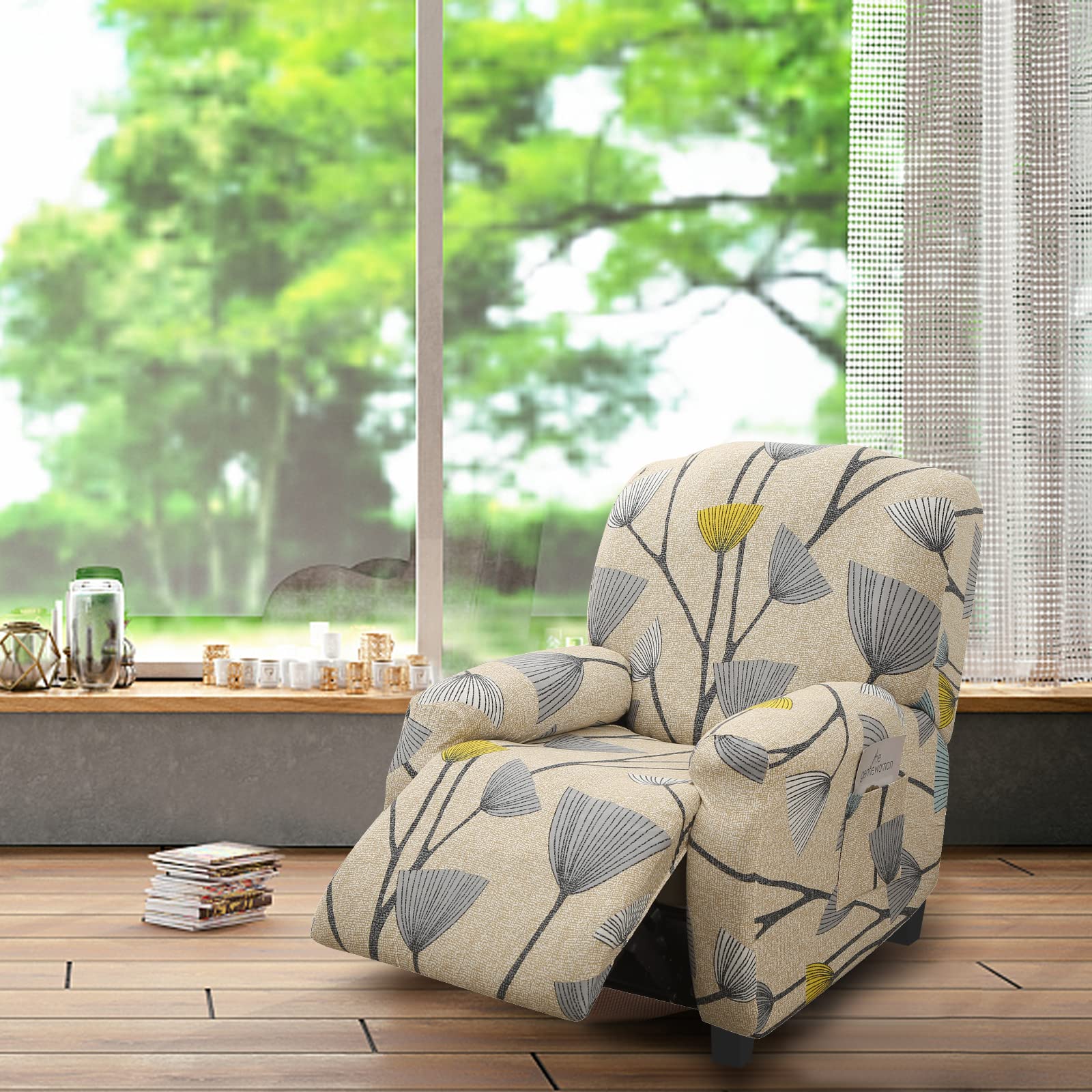 Lydevo Copripoltrona Relax Reclinabile Universale, 1 Posto Reclinabile con Tasche, Elasticizzato Lavabile Rimovibile, Fodere Poltrona Relax, Foglie Beige