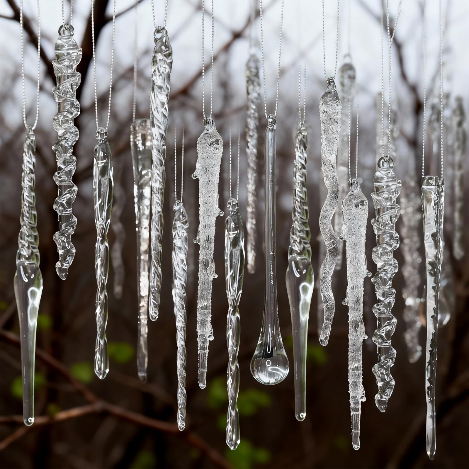Glas-Eiszapfenornamente für Weihnachtsbaumschmuck, 32 Stück, klares Glas, Eiszapfen, Hängeornamente, Anhänger für Weihnachtsbaum, Frozen, Winter, Hochzeit, Neujahr, Party, Heimdekoration, 9 Designs