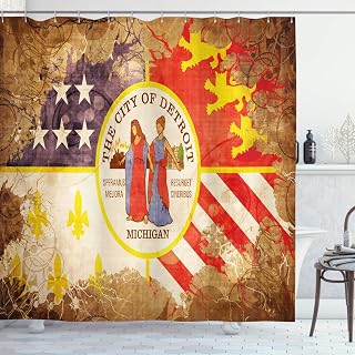 Ambesonne Detroit Decor Shower Curtain, Antique Detroit Flag with Floral Swirls Grungy Look Vintage Old American, Fabric Bathroom Decor Set with Hooks, 69" W x 70" L, Multicolor