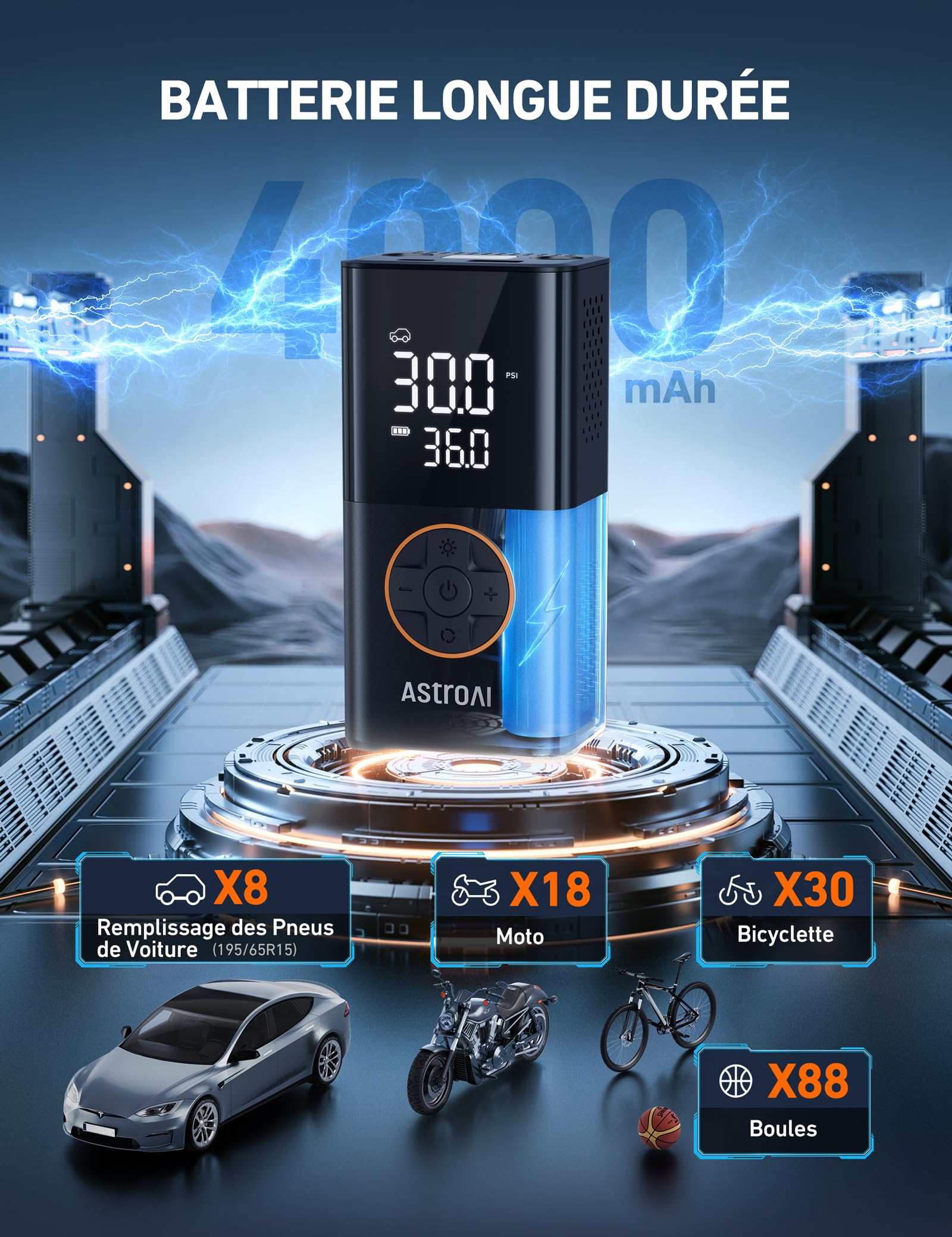AstroAI Gonfleur Pneus Voiture Sans Fil, Compresseur à Air Portatif 150 PSI | Plus Rapide, Compacte & Faciles Ranger, Écran Truegauge Précis, Arrêt Automatique, Polyvalents pour Vélos, Motos, Boules Noir