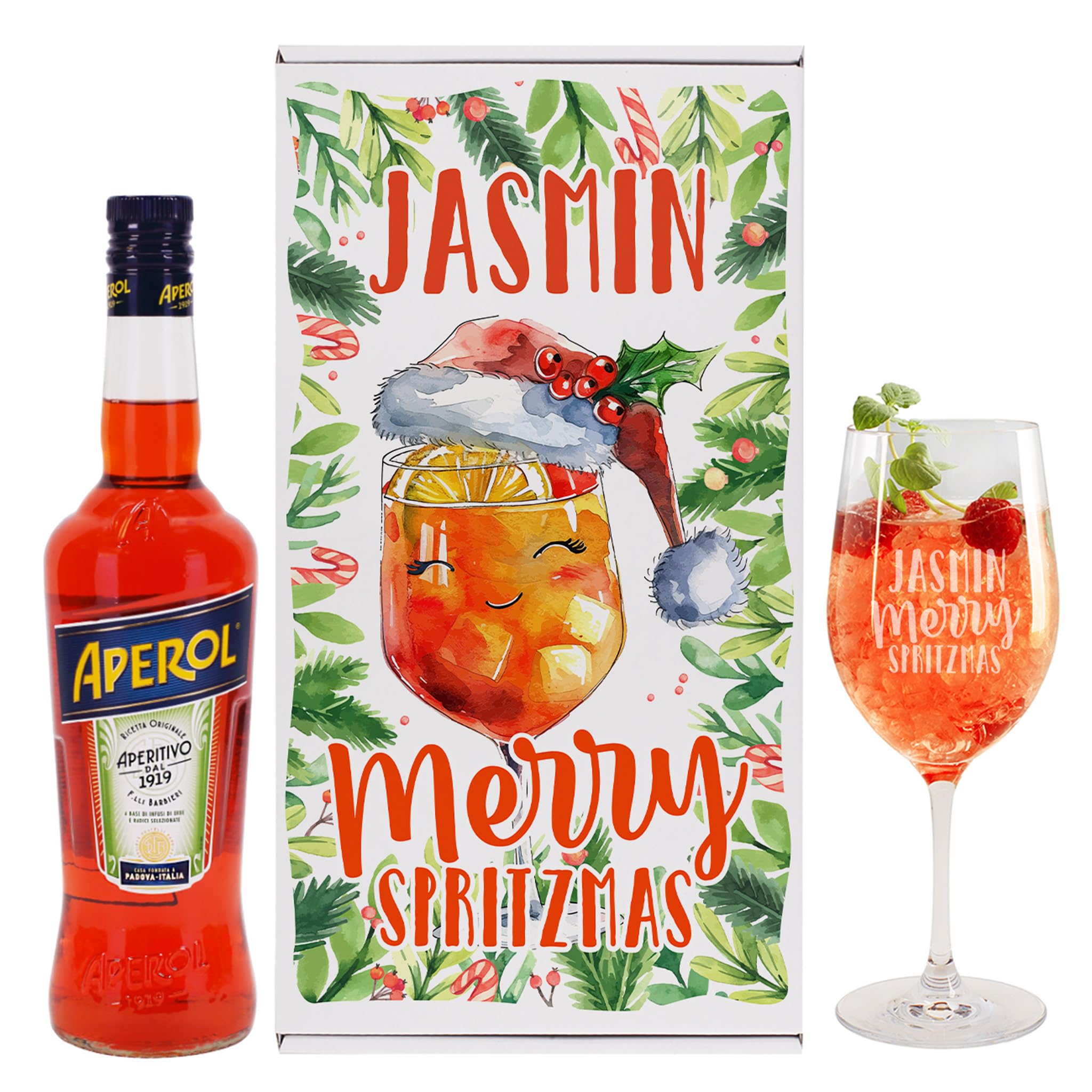 Herz & Heim® Weihnachts-Geschenkset Merry Spritzmas mit 0,7l Aperol und gravierten Glas (Aperol)