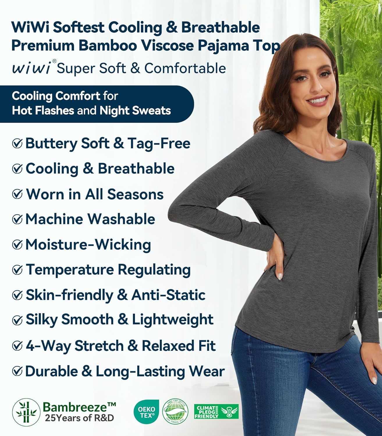 WiWi Women's Viscose from Bamboo Pajama Tops Soft Basic Sleep Shirt Loose Long Sleeves T-Shirt Loungewear S-XXL - Image 8