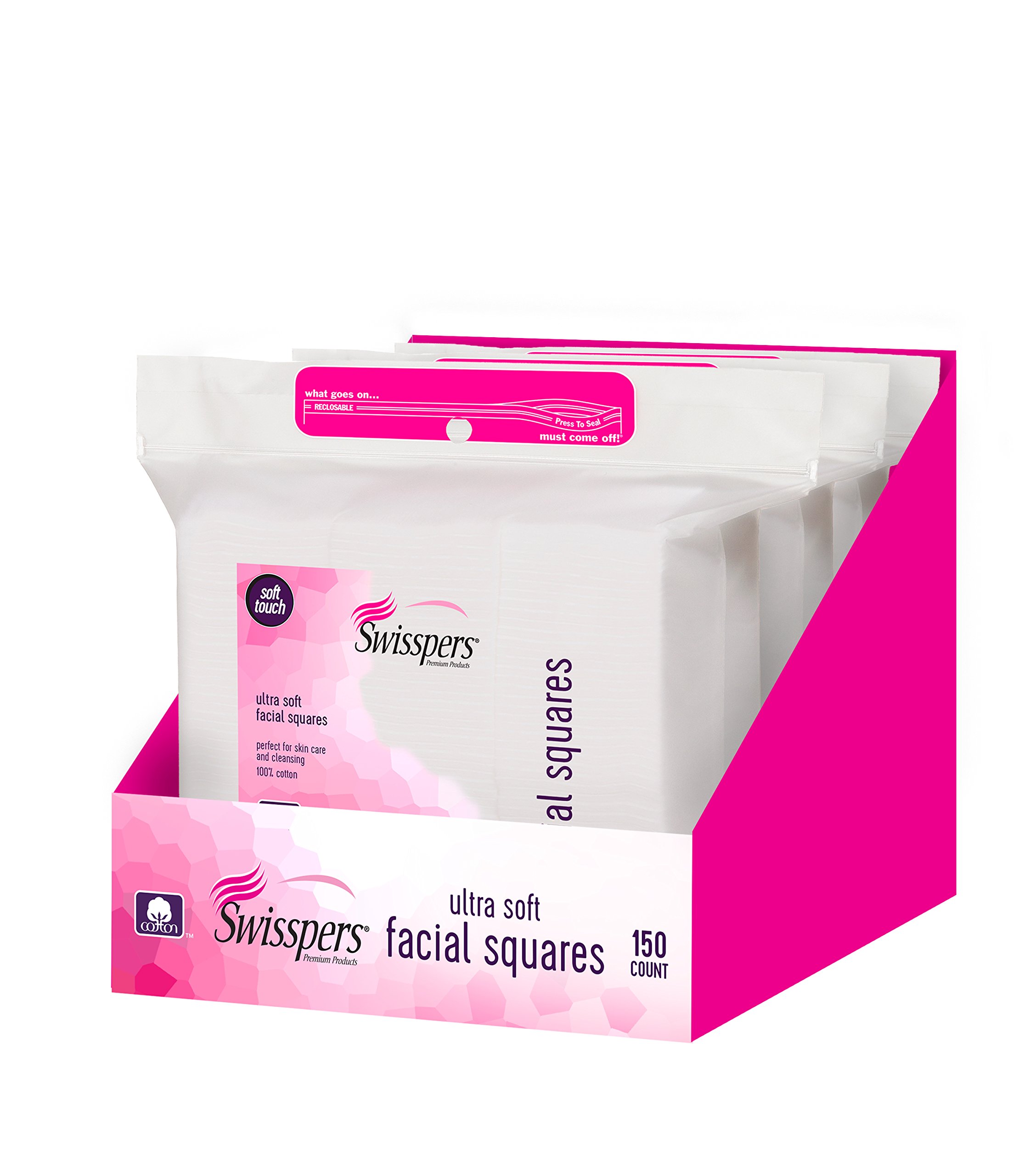 SwisspersPremium Ultra Soft Cleansing Cotton Pads – 150 Count (Pack of 3) – Luxuriously Soft Pads for Gentle Skincare and Makeup Removal – 100% Cotton