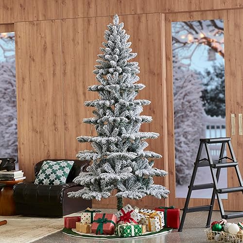 Vista 91 de Glitzhome Prelit Christmas Tree, 6ft Flocked Artificial Christmas Tree Serene Snowscape Fir with 300 Warm White Lights for Home, Office, Party