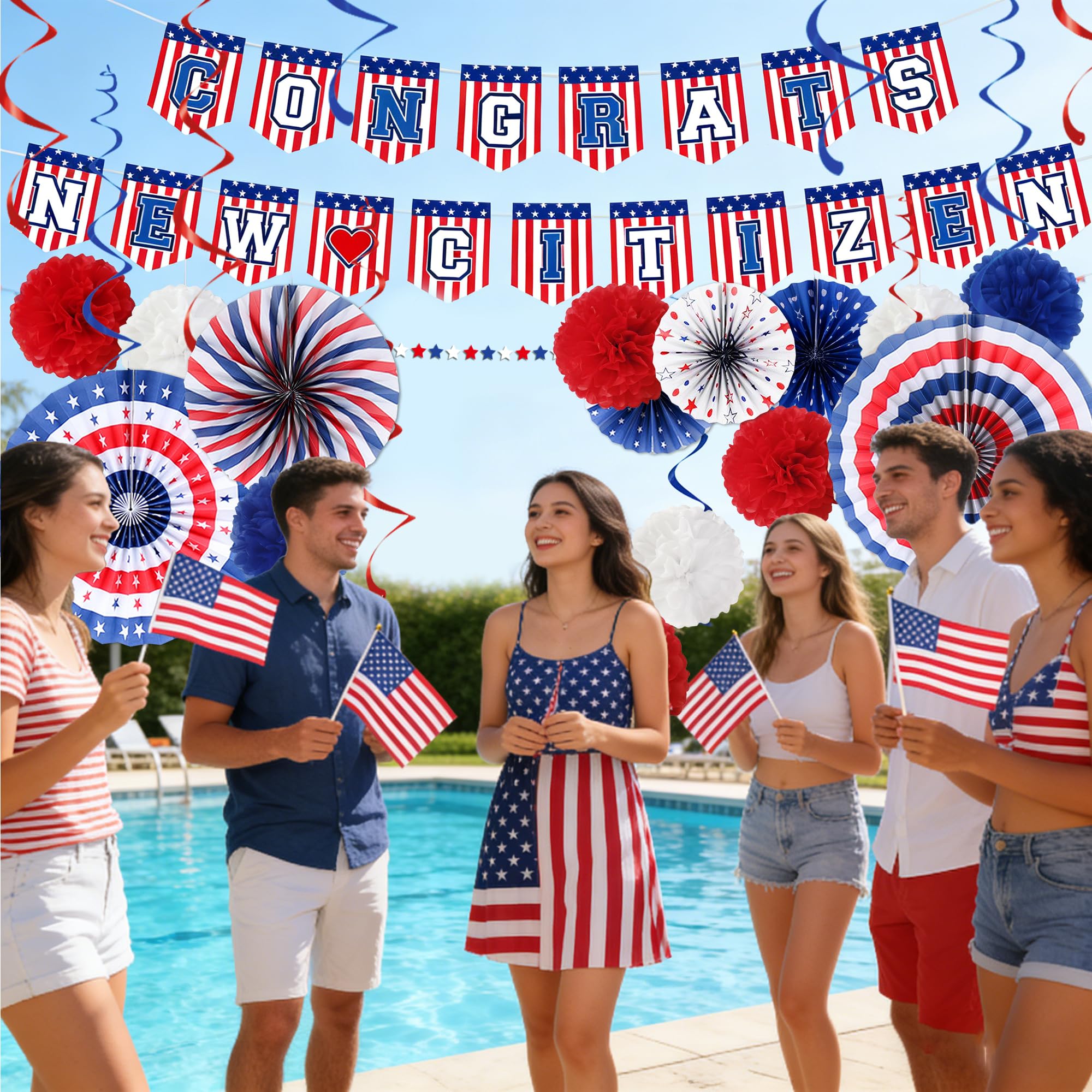 Us Citizenship Party Decorations - 31 Pcs Concrats New Citizen Banner Garland Hanging Swirls Paper Fans Pom Poms Americal Flags Decor Set Oath Ceremonies Patriotic Gift Ideas Supplies