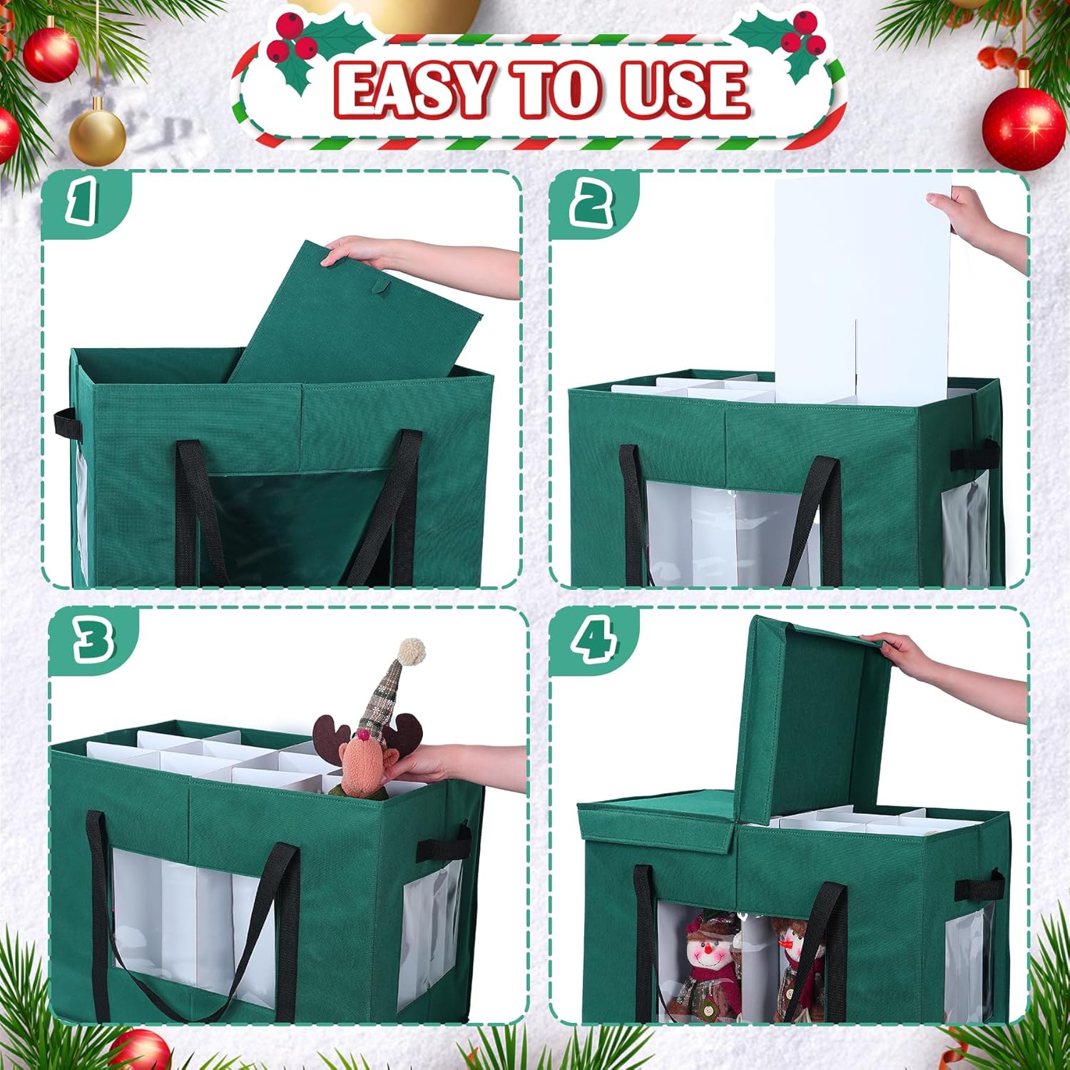 Christmas Figurine Storage Box, 24”x18”x15” Ornament Storage Box, 2025 UpgradeNutcracker Storage Box, Figurine Storage with Dividers, Adjustable Extent Area for Figurines and Pocket, Green