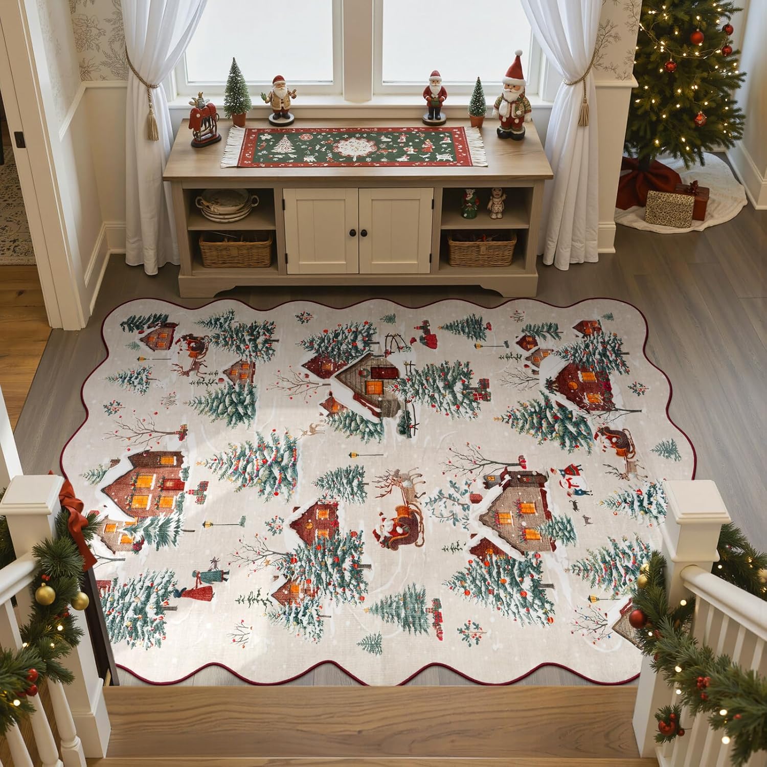 Collive Christmas Rugs for Bedroom, 5x7 Beige Washable Area Rug Non Slip, Soft Ultra-Thin Christmas Tree Santa Claus Holiday Decor Carpet for Living Room Kids Room Nursery