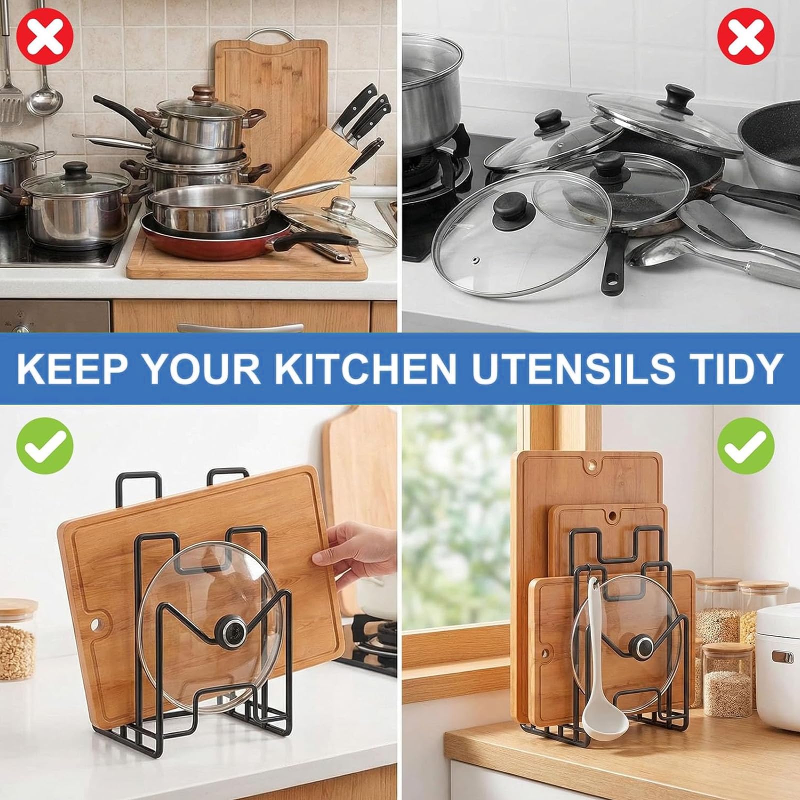 uchwyt na deskę do krojenia z 4 przegródkami z metalu, stojak na deskę do krojenia, uchwyt na deski, organizer kuchenny na pokrywki garnków, talerze, szpatułki i blachy do pieczenia (czarny)