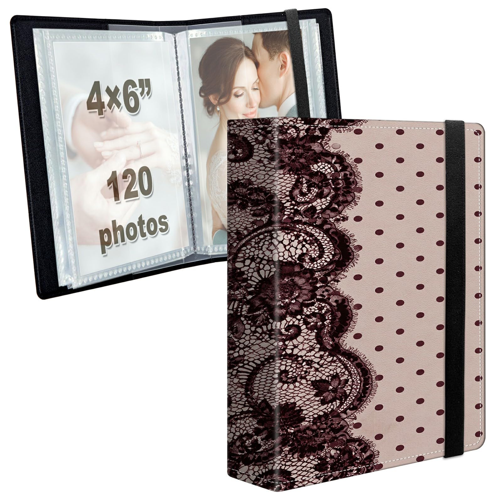 Photo Album 4x6 120 Photos with Strong Elastic Band, Rose Lace Dots