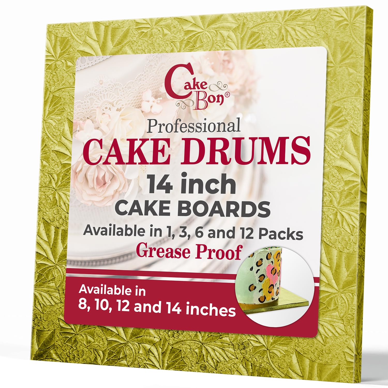 Cakebon Cake Boards Square - Sturdy 1/2 Inch Thick Drums - 14 Inch Professionally Wrapped Edges Gold 1-Pack
