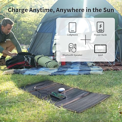 Miniatura 4 de Panel solar portátil de 60 W con 4 puertos 5 V 2 USB, 18 V CC y 18 W QC carga rápida, cargador de panel solar plegable de 18 V para campamento,