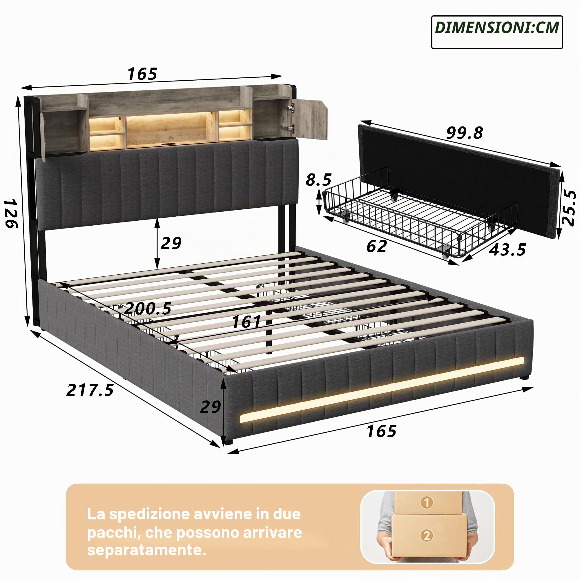 LIVLUX Letto 160 x 200 con Sommier LED e USB, Letto Matrimoniale Imbottito con Sommier a Doghe e 4 Cassetti, Testiera con Spazio di Archiviazione, 2 Posti per Adulti e Adolescenti, Lino (Grigio, 160 x