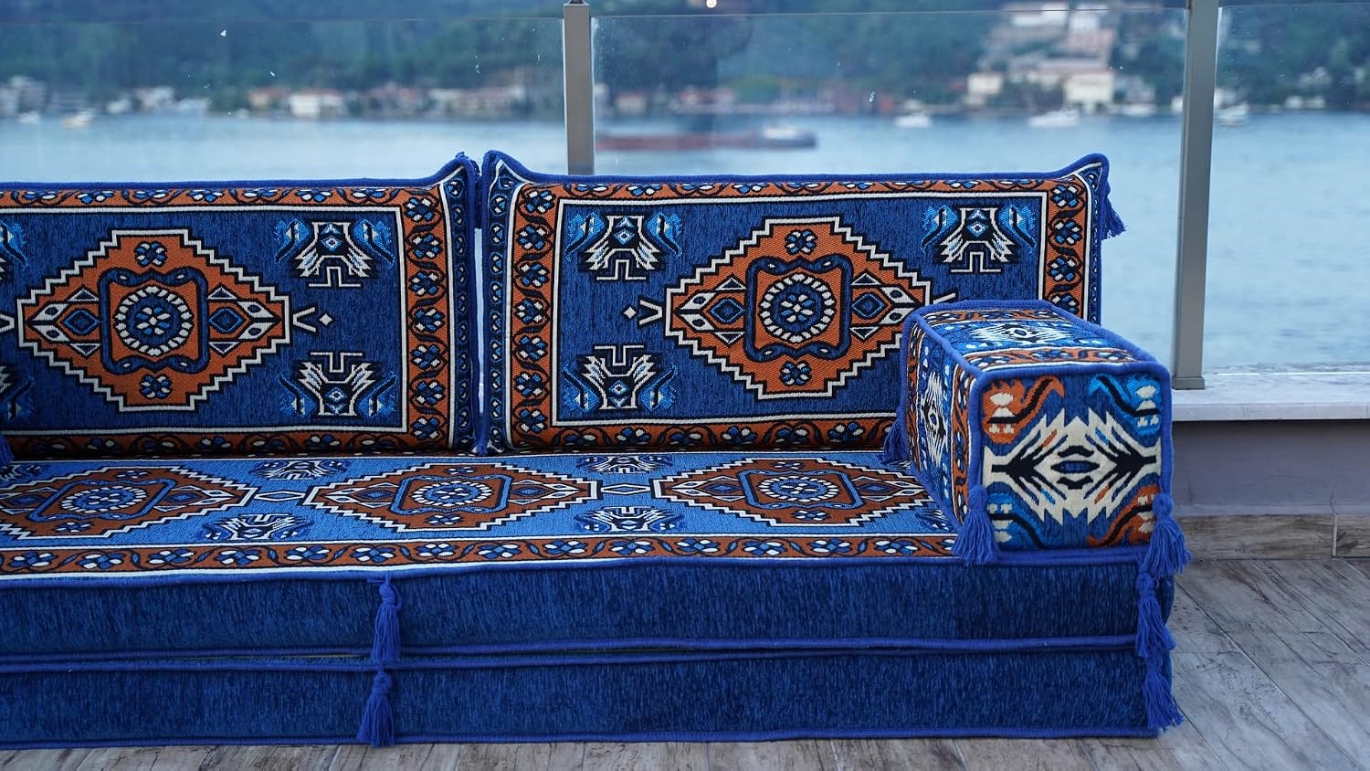 arabicsofa 8 Inch Thick Royal Blue Arabic Floor Cushion – Handmade Modular Majlis Seating with Backrest Pillows