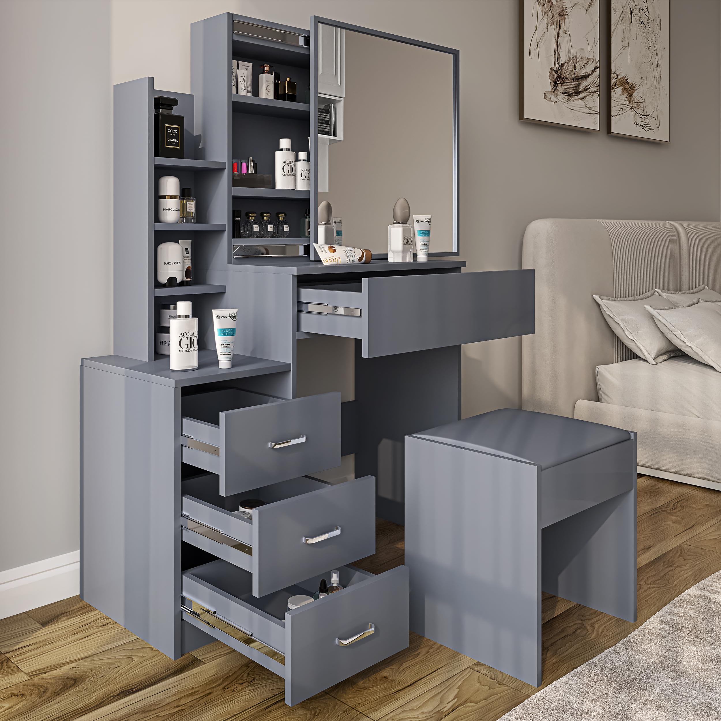 Blisswood Dressing Table with 10 Led Bulb & Mirror and Stool, Vanity Desk with 4 Drawer 3 open Storage Shelves and 3 Hidden Shelves, Modern Makeup Table for Bedroom & Living Room (Grey)