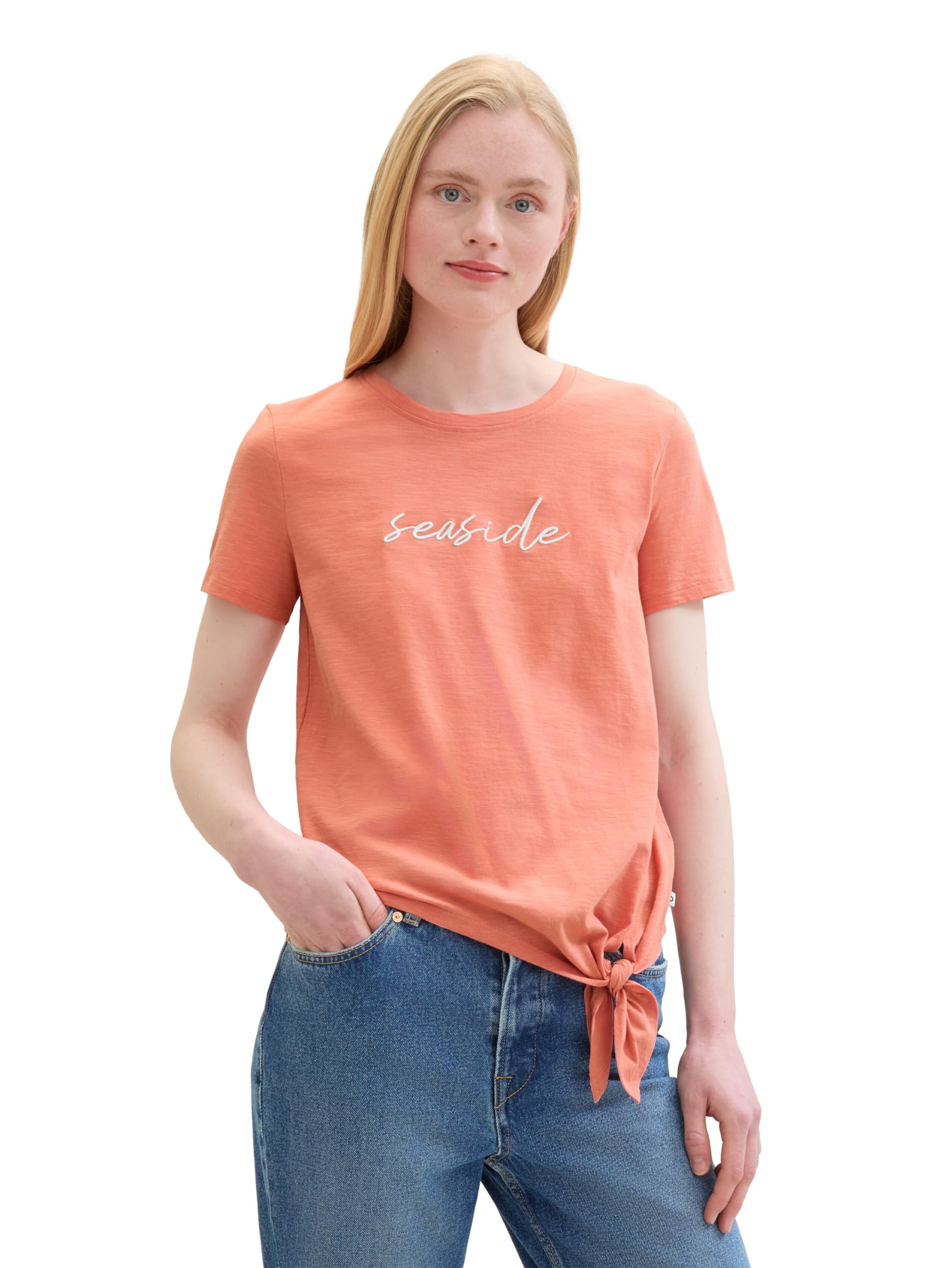 TOM TAILOR Denim Damen Basic T-Shirt mit Knotendetail, Burnt Terracotta, S