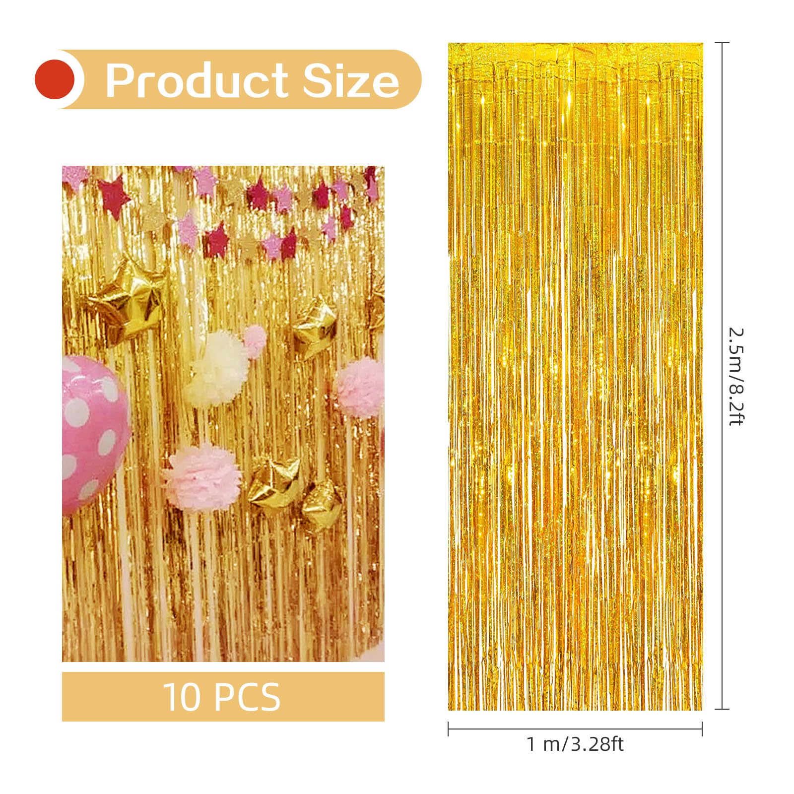 Lot de 10 rideaux de fond métalliques à franges en feuille d'aluminium pour décoration de fête d'anniversaire, fête prénatale, fiançailles, mariage, Noël (doré) 1 x 2,5 m