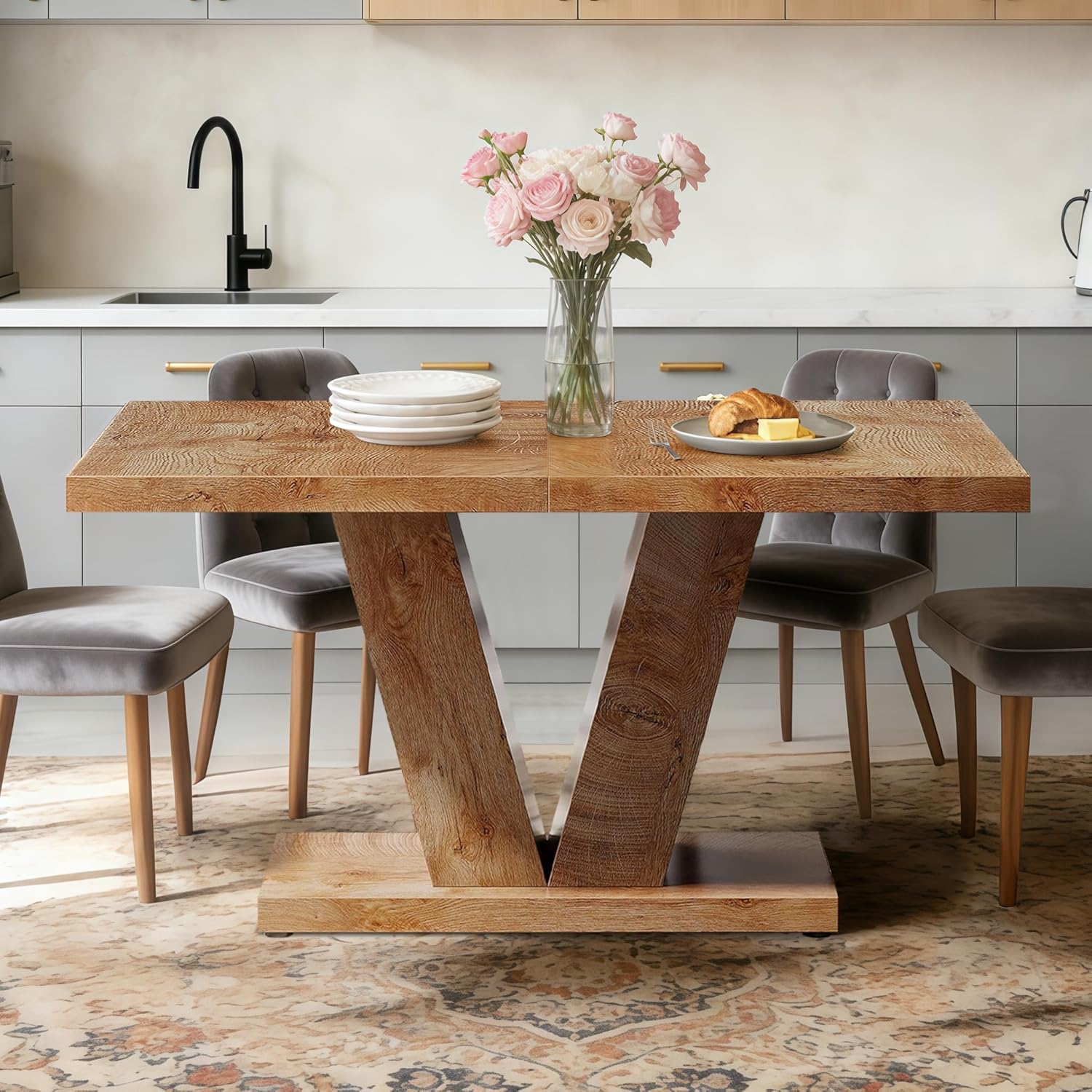 Oigavfd 47 Inch Dining Table, Rectangular Kitchen Table for 4 with Heavy Duty Pedestal Base, Modern Farmhouse Wood Dining Table for Dining Room, Kitchen, and Small Space (Light Oak Brown)