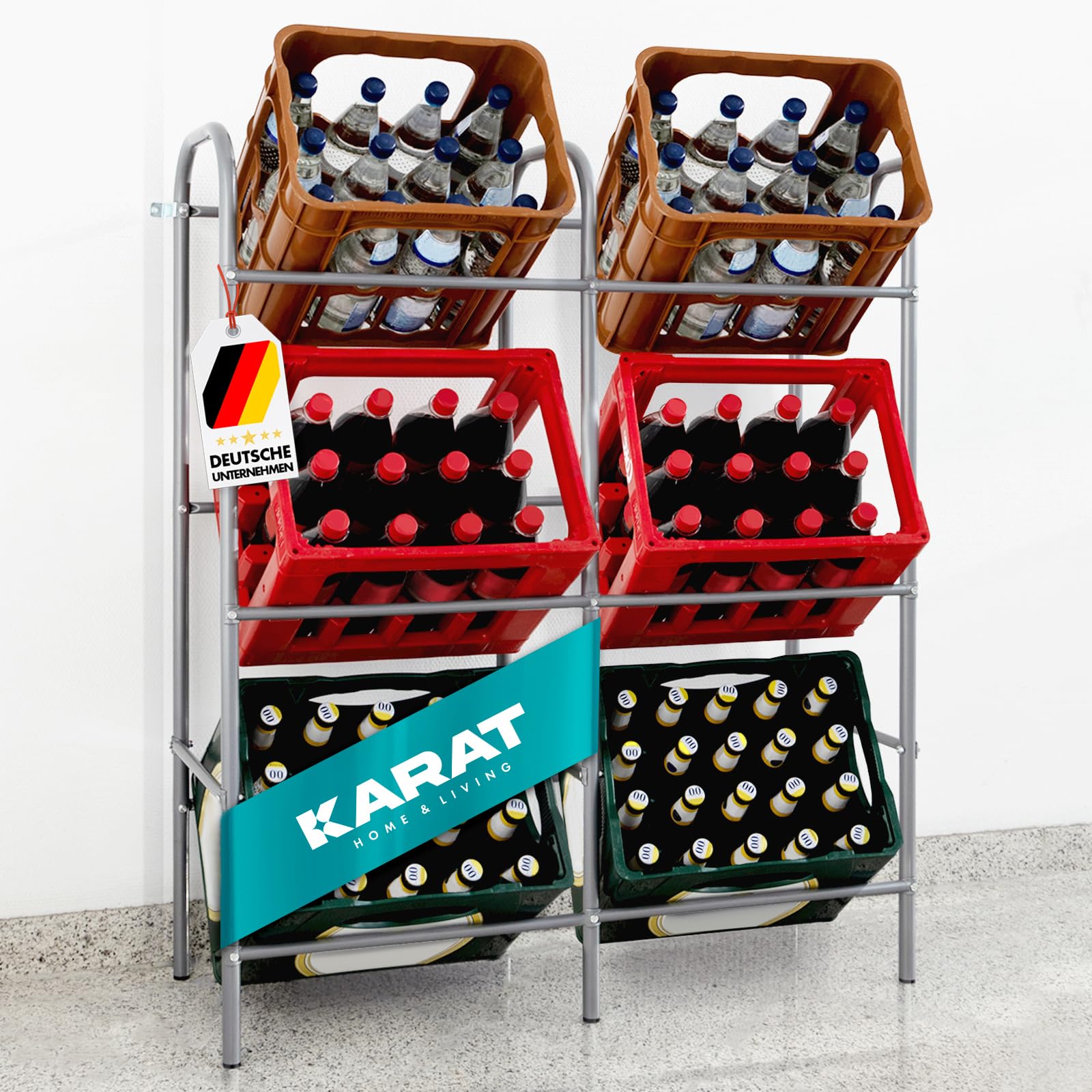 KARAT Kisten Aufbewahrung für 6 Kästen Getränkekistenregal, Flaschenregal, Getränkekistenhalter für Keller, Speisekammer, Garage aus Metall in grau 96,5x32,5x115,5 cm (Rocket)
