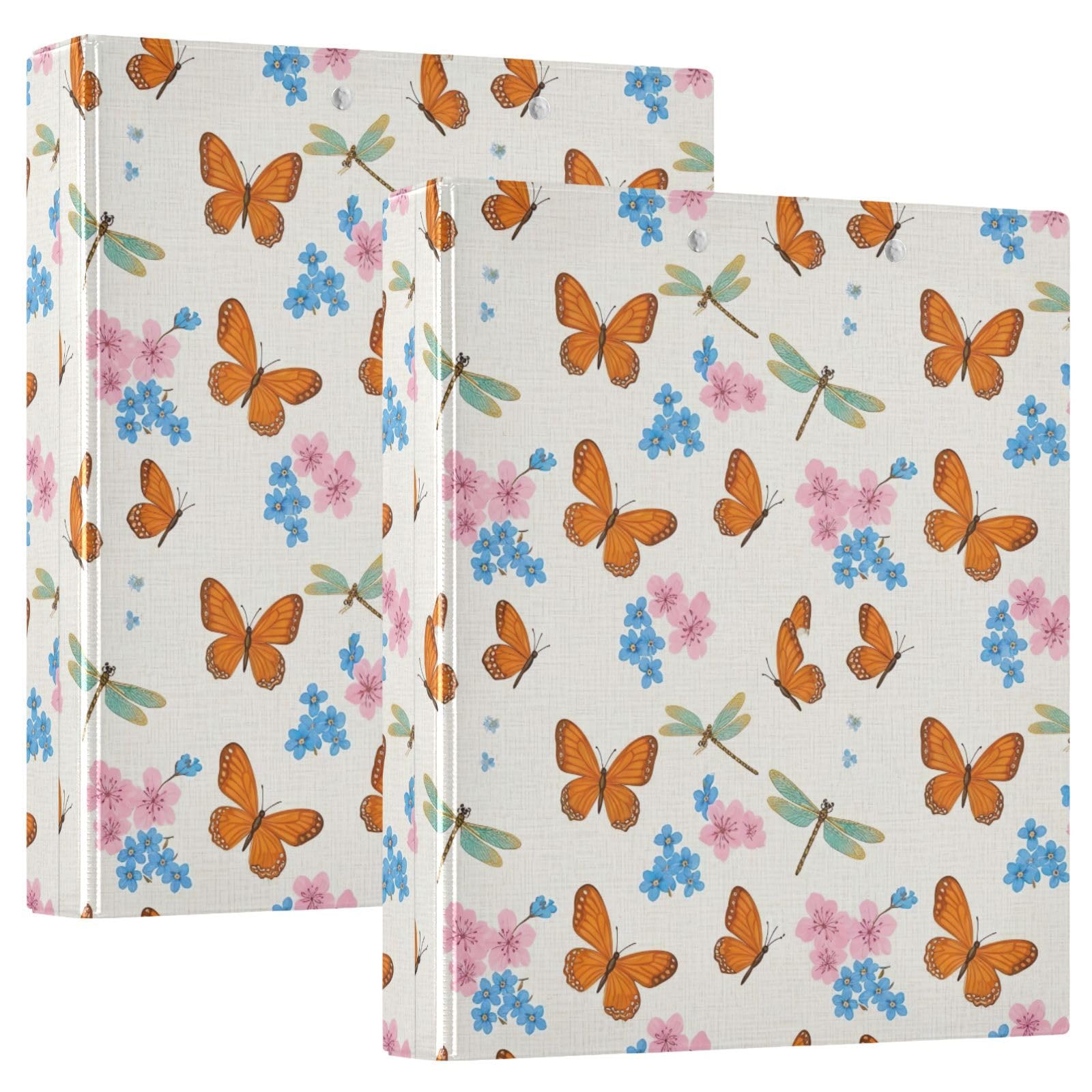 Carpeta de 3 anillas, mariposas naranjas, flores silvestres, carpeta de anillos en D, paquete de 2 | Con portapapeles y bolsillos, para escuela, universidad, oficina