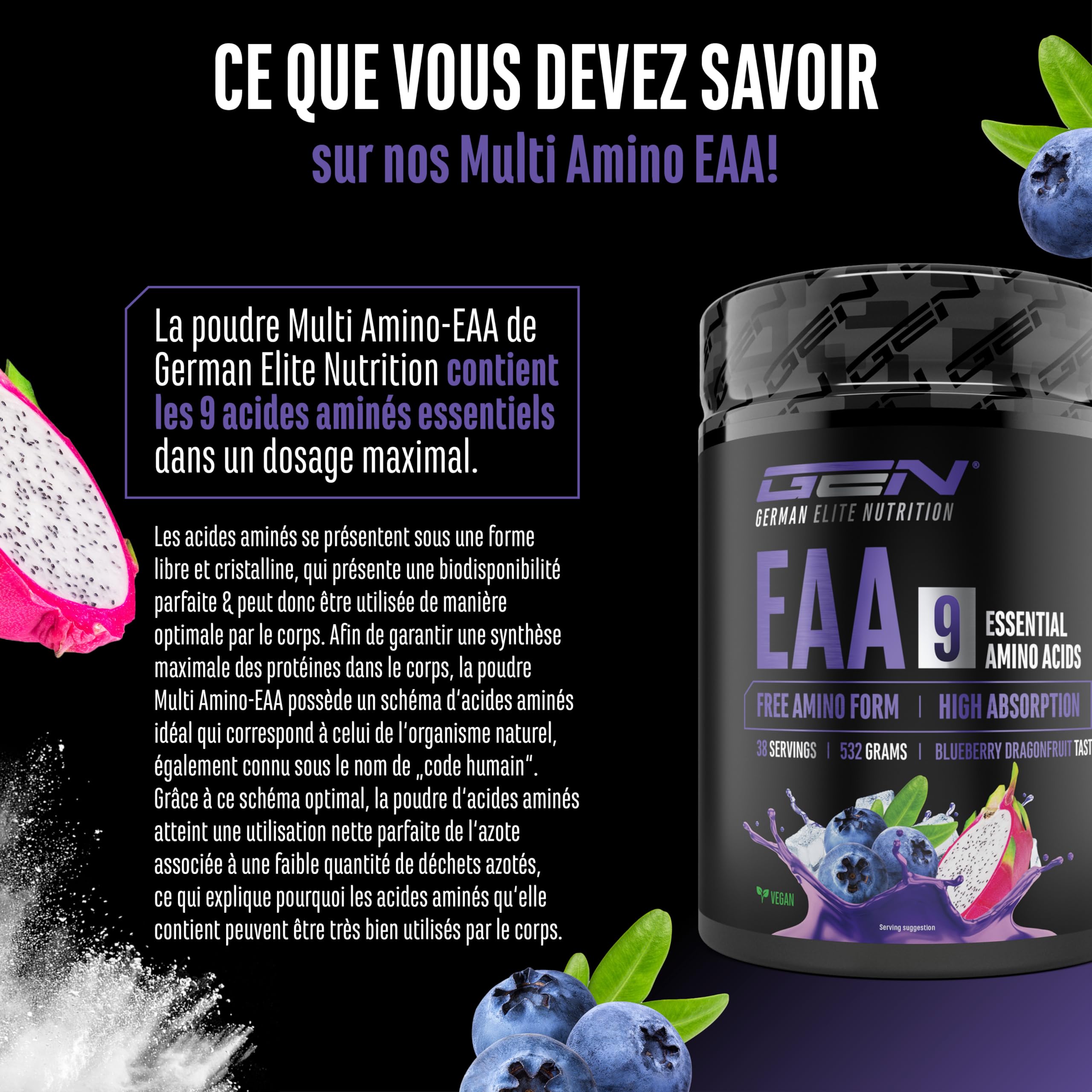 Poudre d’EAA 532 g (38 portions) - Les 9 acides aminés essentiels incl. histidine & BCAA - Formule Human Code - Très bonne solubilité - Boisson d’acides aminés rafraîchissante (Blueberry Dragonfruit)