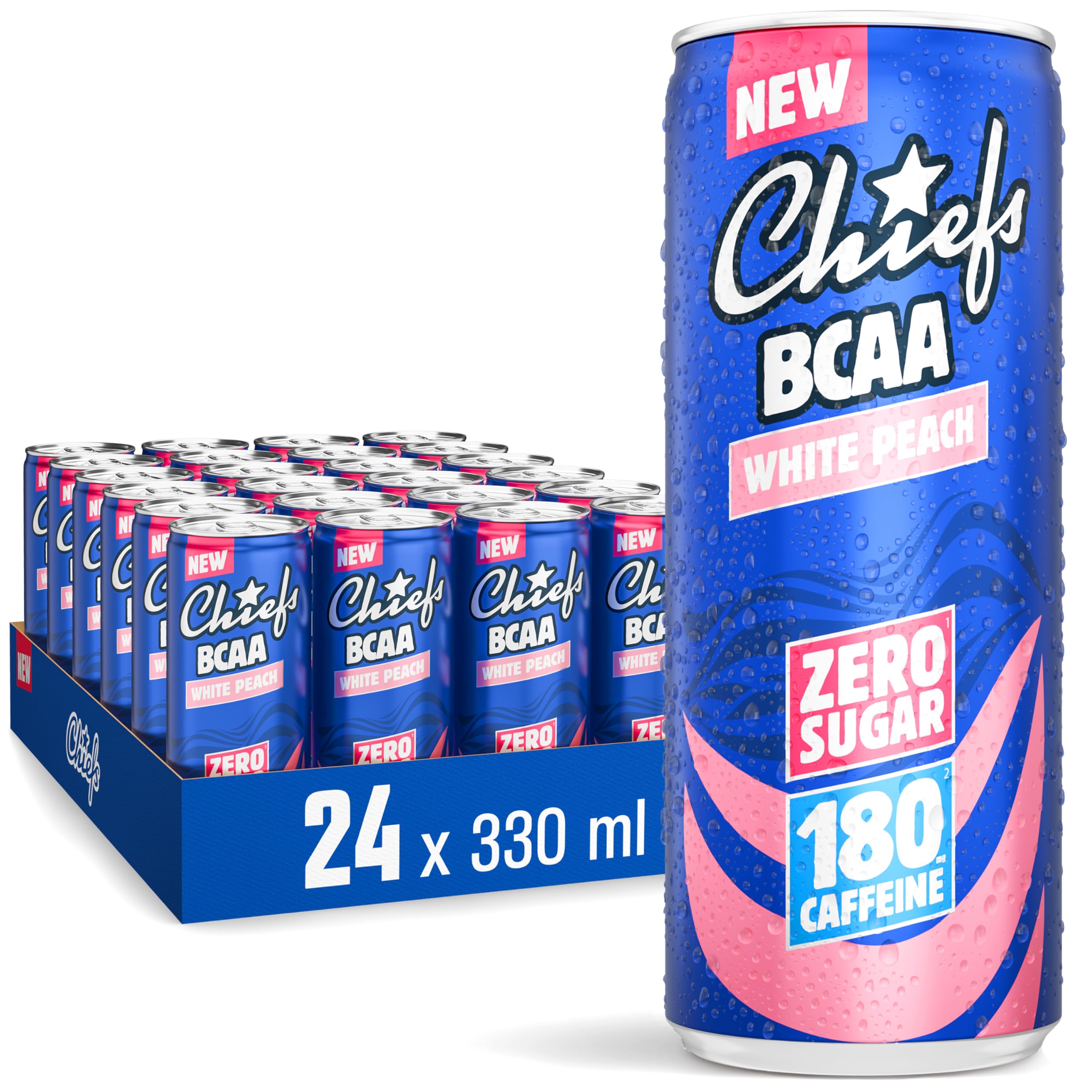 CHIEFS Boisson énergisante goût Pêche Blanche, 180 mg de caféine, 24x330ml boissons énergétiques, Sans Sucre et avec BCAA (White Peach)