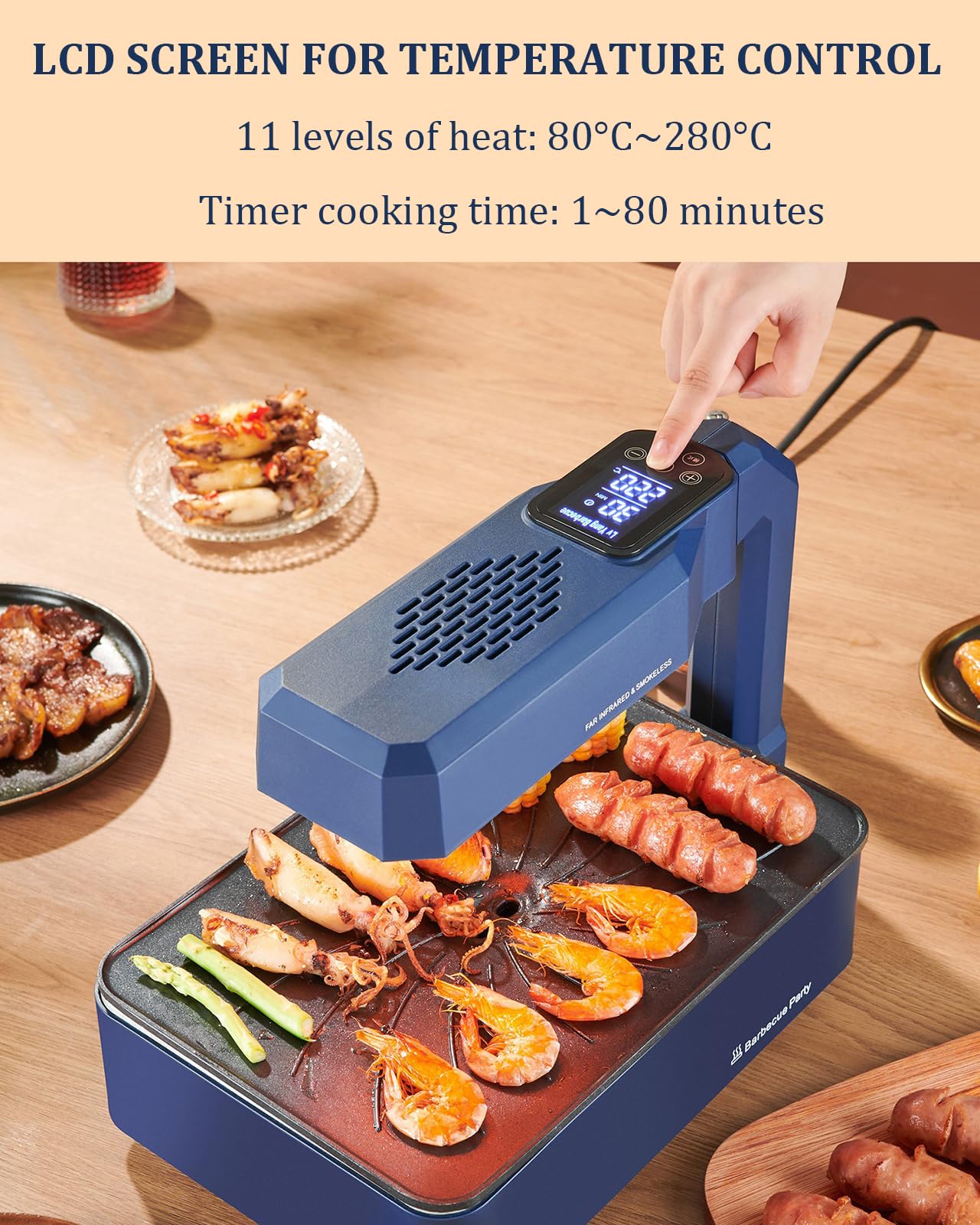Grill elektryczny bezdymny 1100 W, grill wewnętrzny z regulacją temperatury i timerem, powłoka nieprzywierająca Zdejmowane płyty grillowe z gniazdem olejowym, do mięs Warzywa Ryby blue