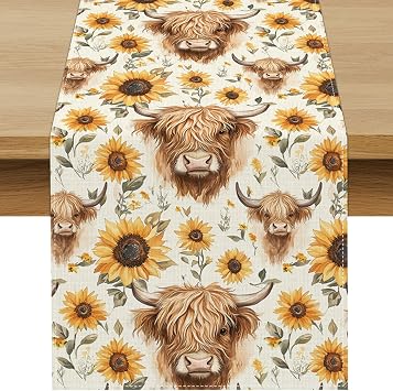 Fall Sunflower Highland Cow Table Runner Western Party Decoration | Spring Baby Shower Birthday Farm Animal Home Kitchen Island Decor