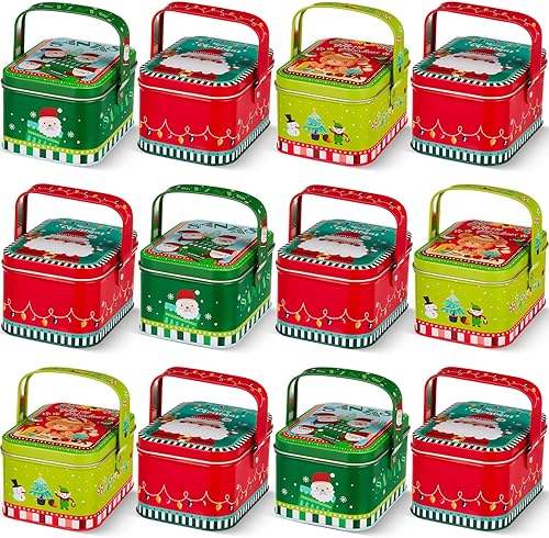 Miniatura 7 de Lounsweer 12 latas de galletas de Navidad con tapa y asa – 6 estilos rectangulares de cajas de Navidad, latas de regalo, caja de hojalata para