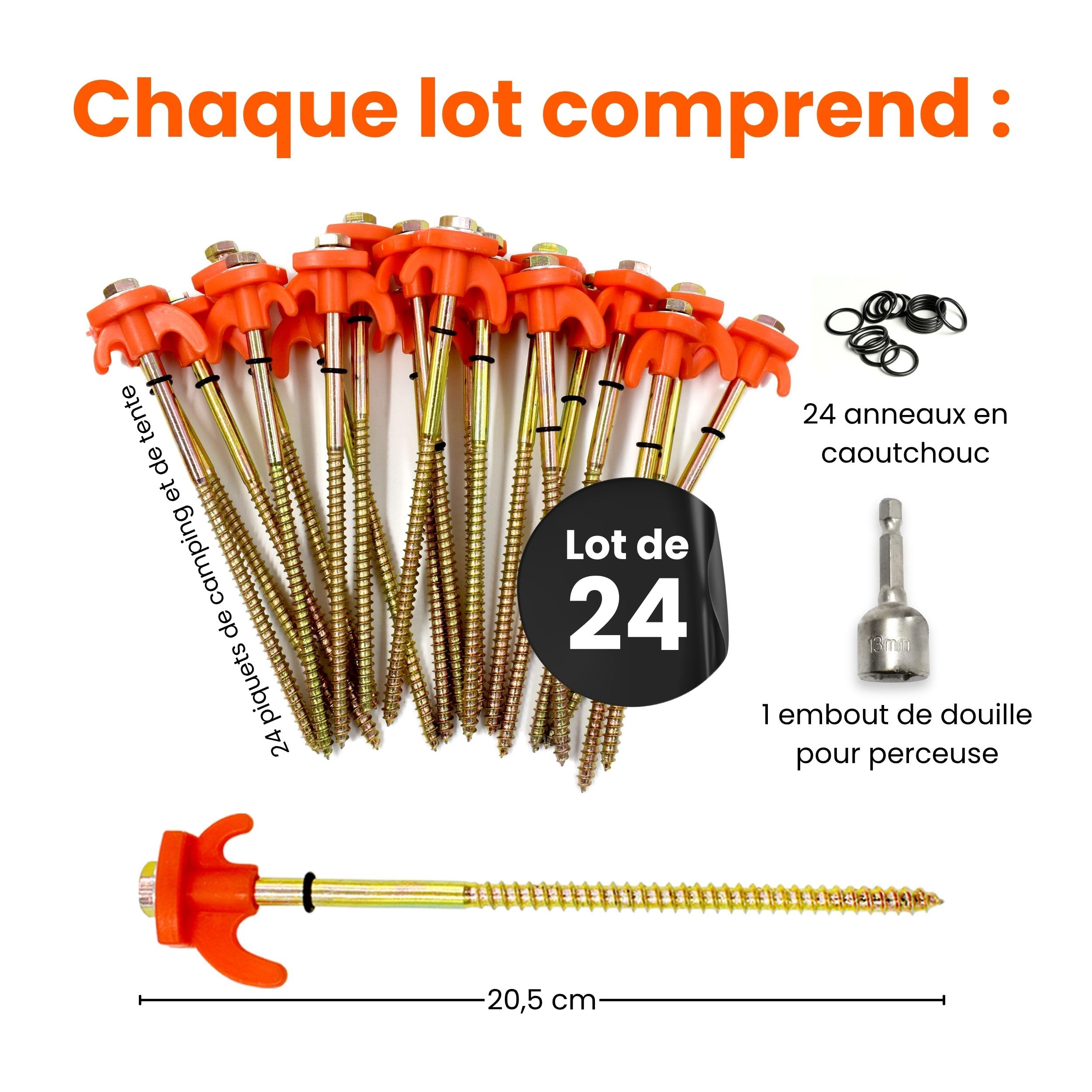 Piquet de Tente- Lot de 24 Piquets de Tente en Metal pour l'Exterieur - Sardine de Fixation Galvanises avec Conception a Vis pour Sol Dur, Embout de Douille pour Perceuse Inclus (20,5cm)