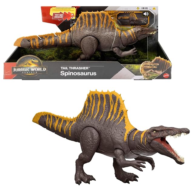 Mattel Jurassic World El Renacer, Espinosaurio Cola destructora Dinosaurio de juguete, figura de acción con 2 movimientos de ataque, fiel a la película y articulada, juego digital, JGB57