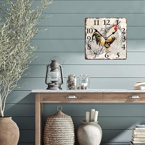 Miniatura 6 de Reloj de pared de madera de 10 pulgadas sin tictac, silencioso, oxidado, de granja, gallo y pollo, cuadrado, reloj de pared clásico de estilo