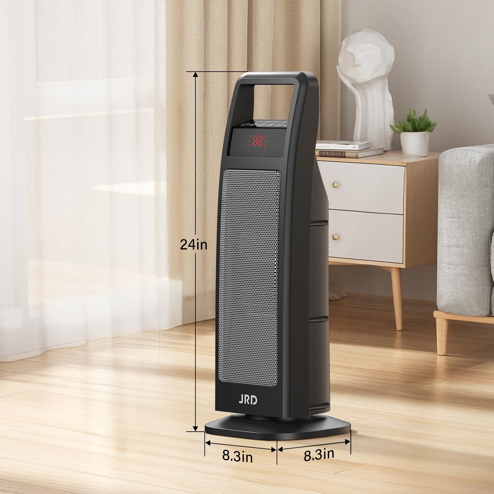 space heater indoor use, jrd fast electric heater with remote, thermostat, 75° oscillation, 1-8h timer, safe protection, 1500w portable heater for bedroom office