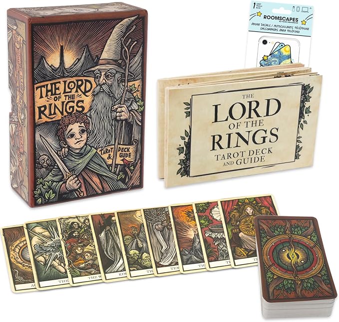 A set of cards fanned out with a stack to the right of it. In the background is a box with two figures: a small boy with a dagger and a wizard with a pointy hat holding a staff.