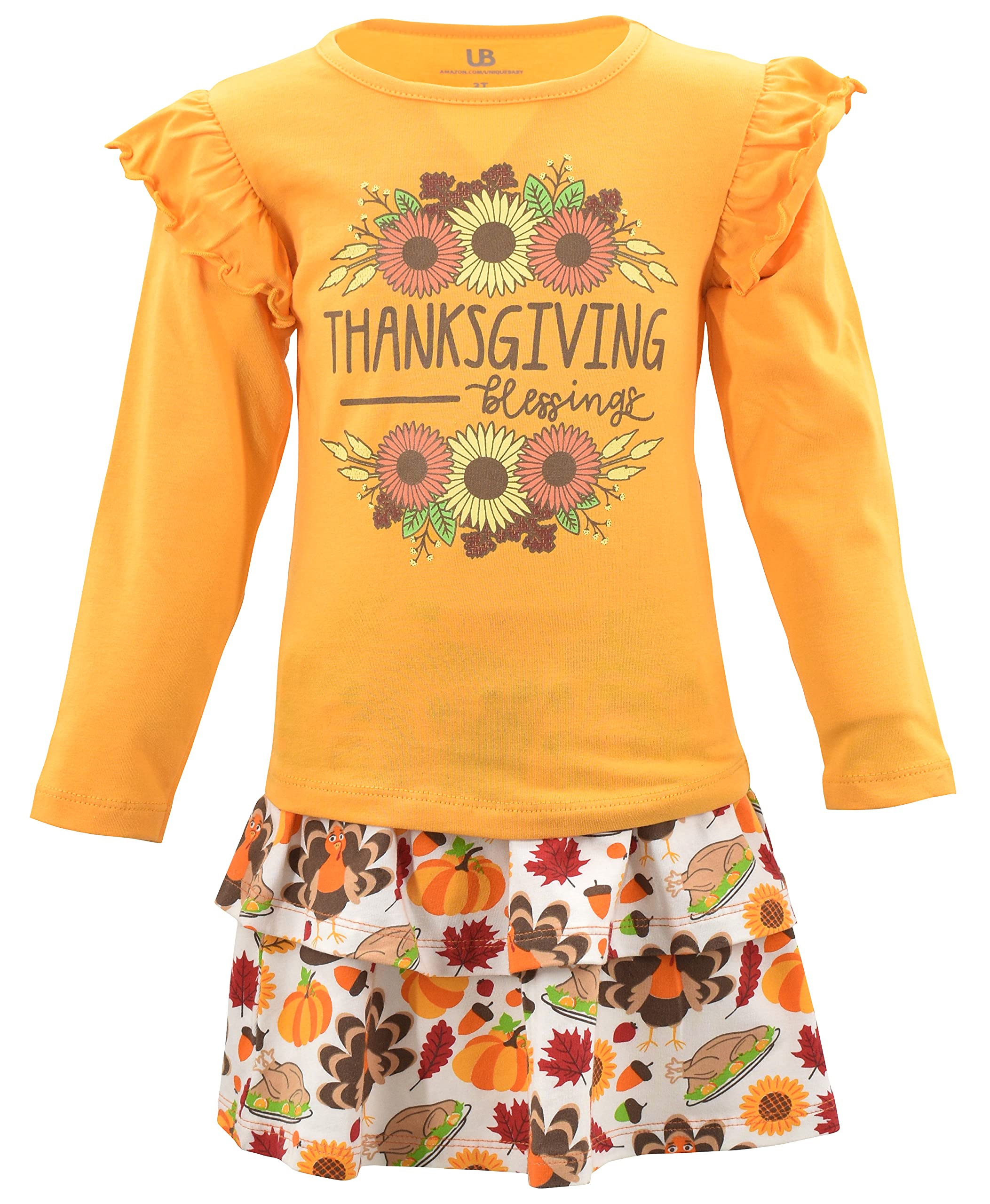 Unique Baby Girls Thanksgiving Blessings Bodysuit Skirt Set Outfit (6Y, Orange)