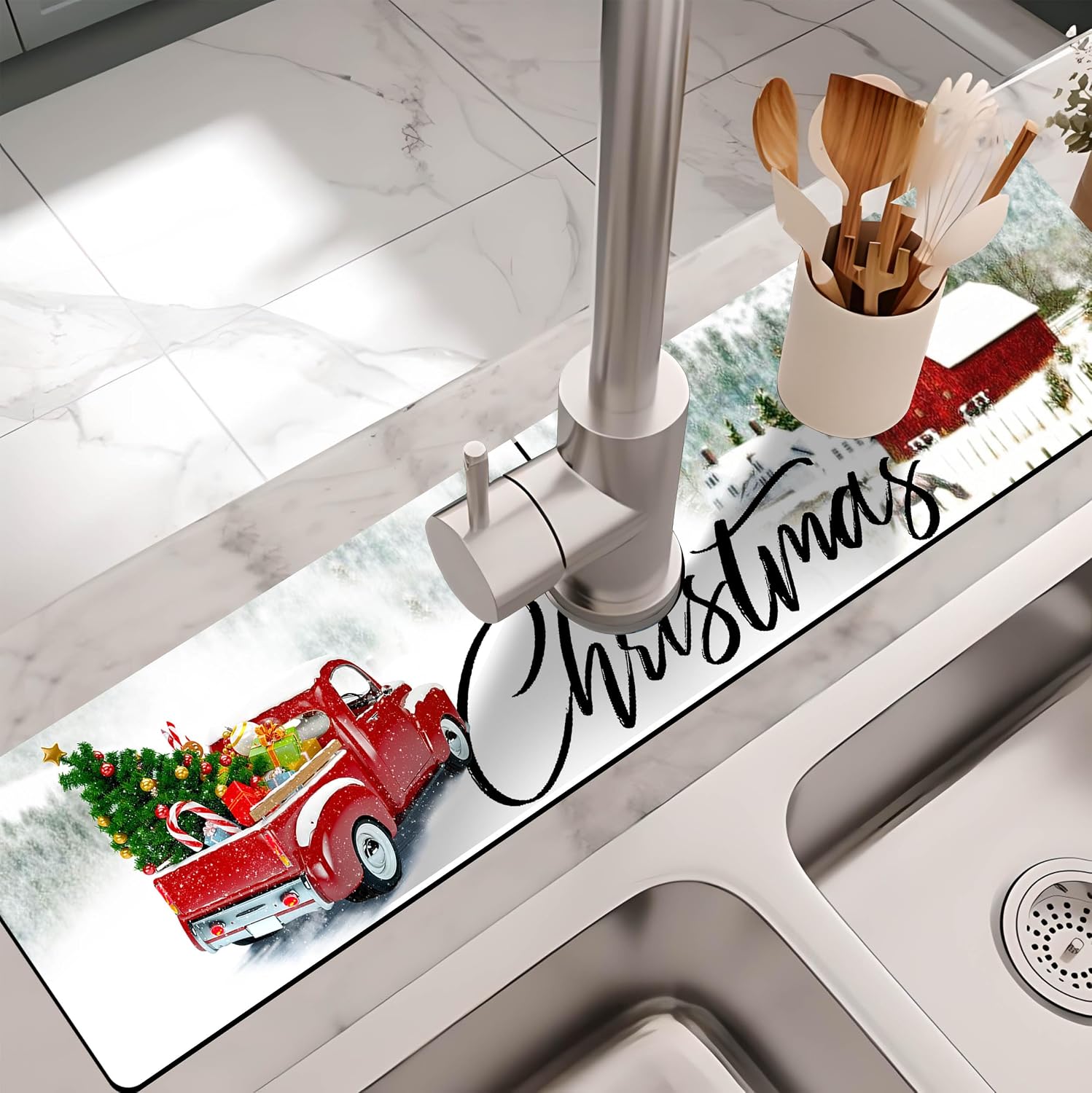 Kitchen Sink Splash Guard Faucet Mat - Super Absorbent Fast Drying Mat, Christmas Tree Pattern, 23.5" x 5.5" Microfiber Diatomite, Dish Drying Mat, 1 PC