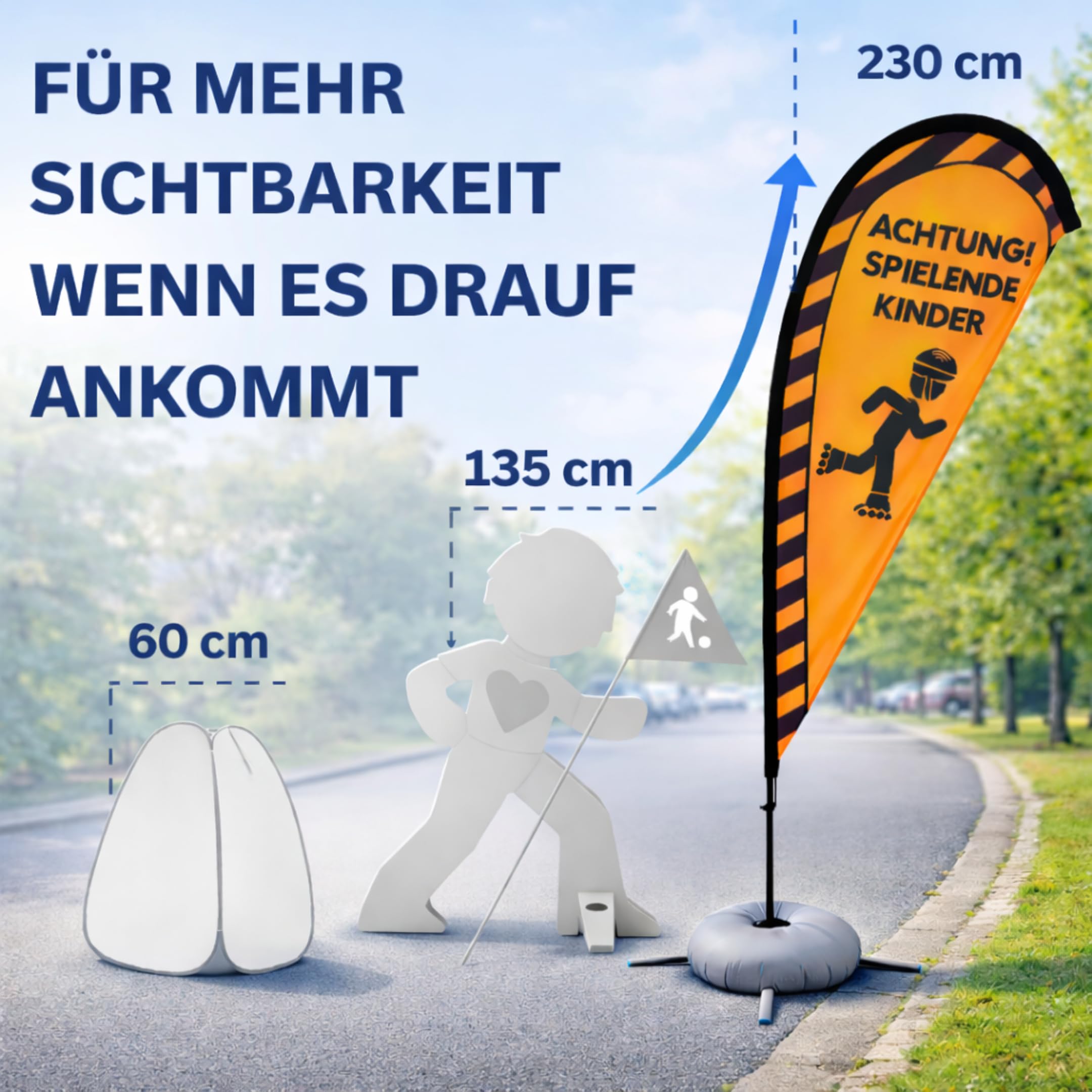 Friendly Fox Warnflagge Achtung Spielende Kinder 230 cm, großes Warnschild