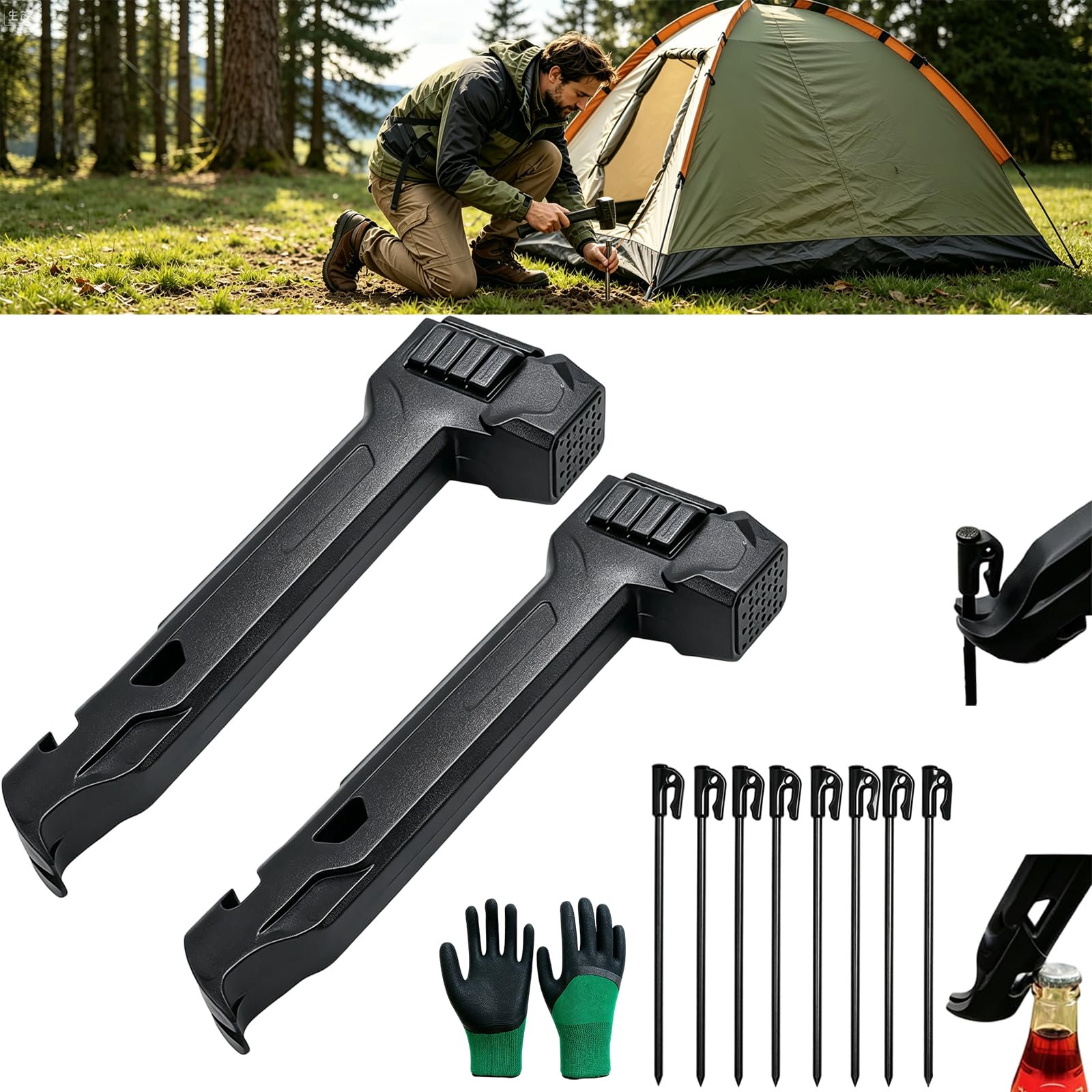 Camping Hammer with 8 Pegs, Heavy-Duty Camping Mallet for Tent Stakes with Peg Puller, Bottle Opener, Storage Handle &amp; Textured Striking Head for Hiking Backpacking (Black+Black)
