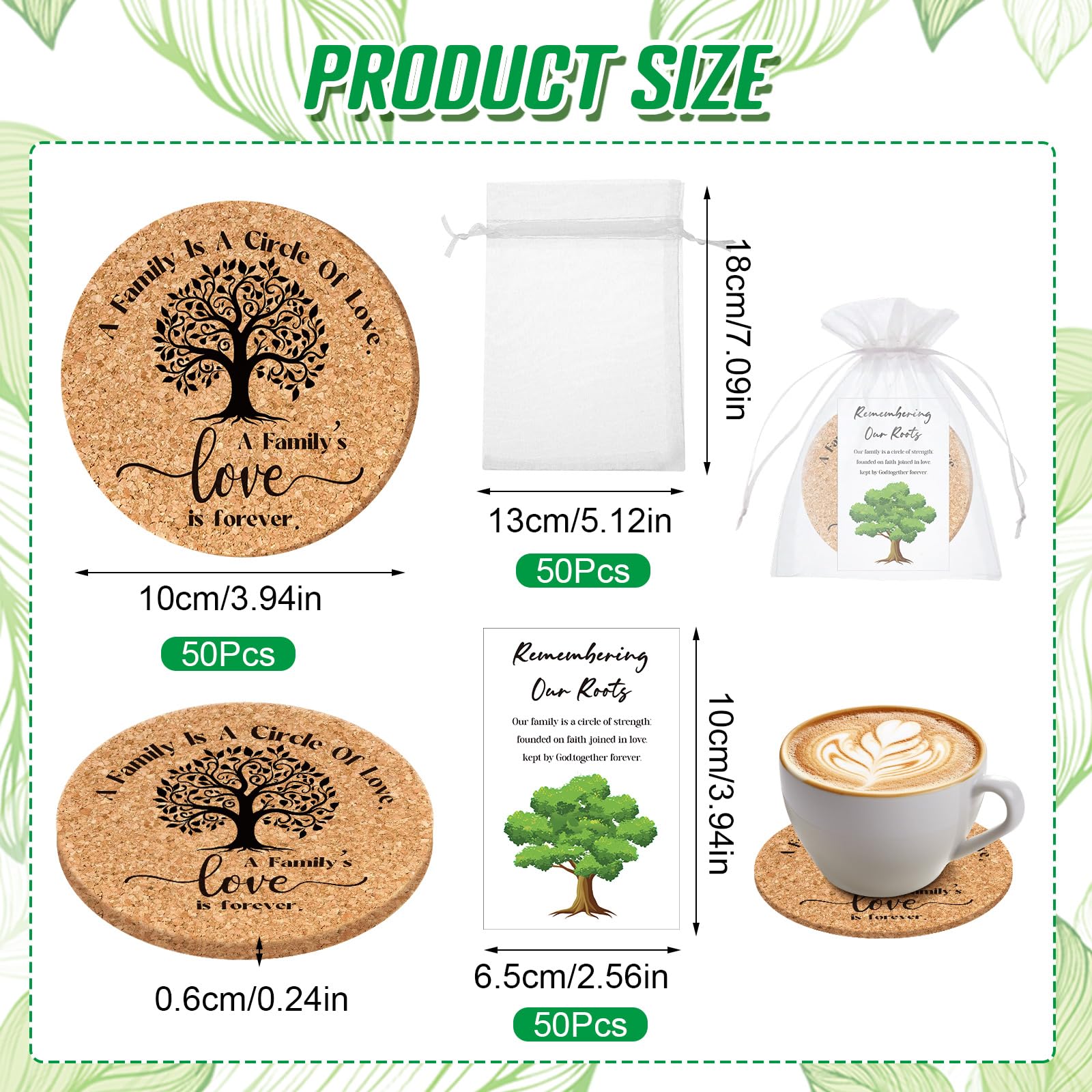 Set di 50 sottobicchieri in sughero assorbenti con scritta "A Family is a Circle of Love", con biglietti regalo e sacchetti regalo in organza, per riunioni di famiglia