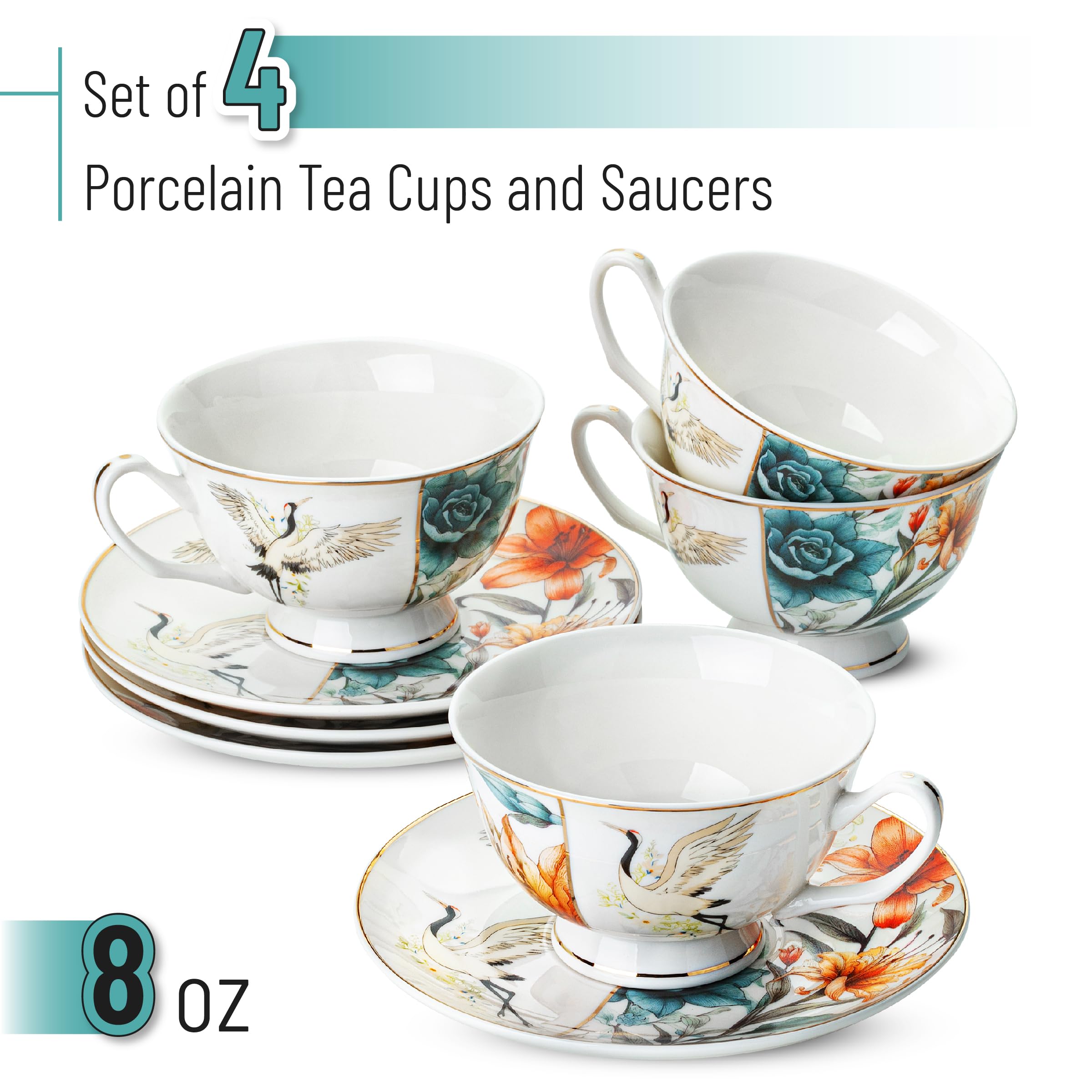 Amazon.com | BTaT- Floral Tea Cups and Saucers Set of 4 (8 oz