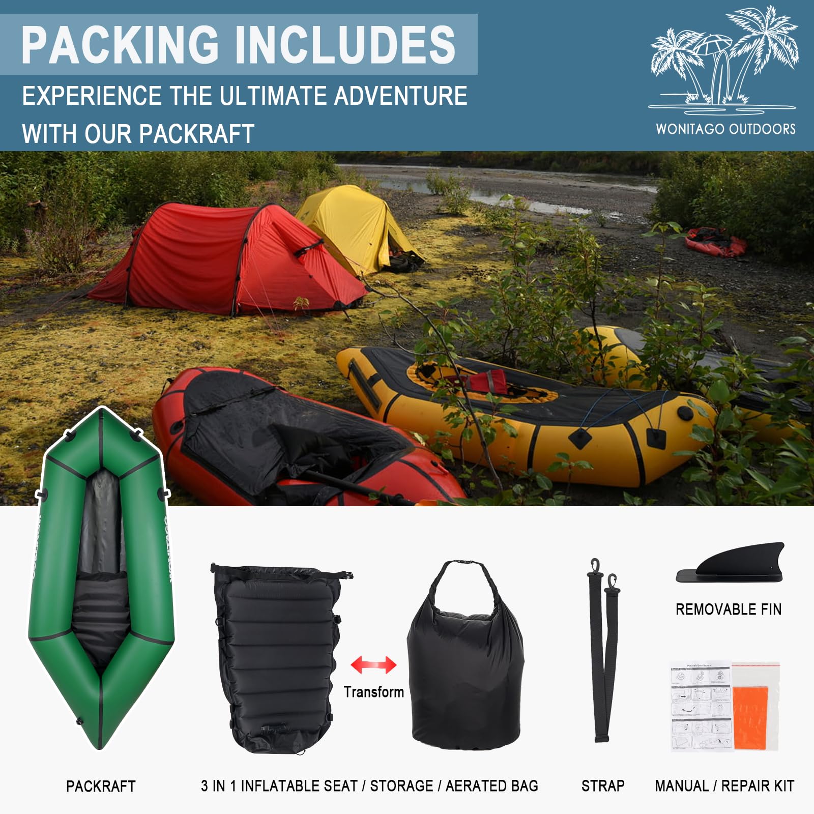 Packraft Kayak de Viaje Inflable de TPU con Asiento Suave Ligero para Rafting de Aguas Poco Profundas, para Rafting de Bicicleta, Bote Inflable, 2,1 m, Color Verde | Asiento inflable, adecuado para rafting de agua plana, bicicleta, bote de agua litewater,