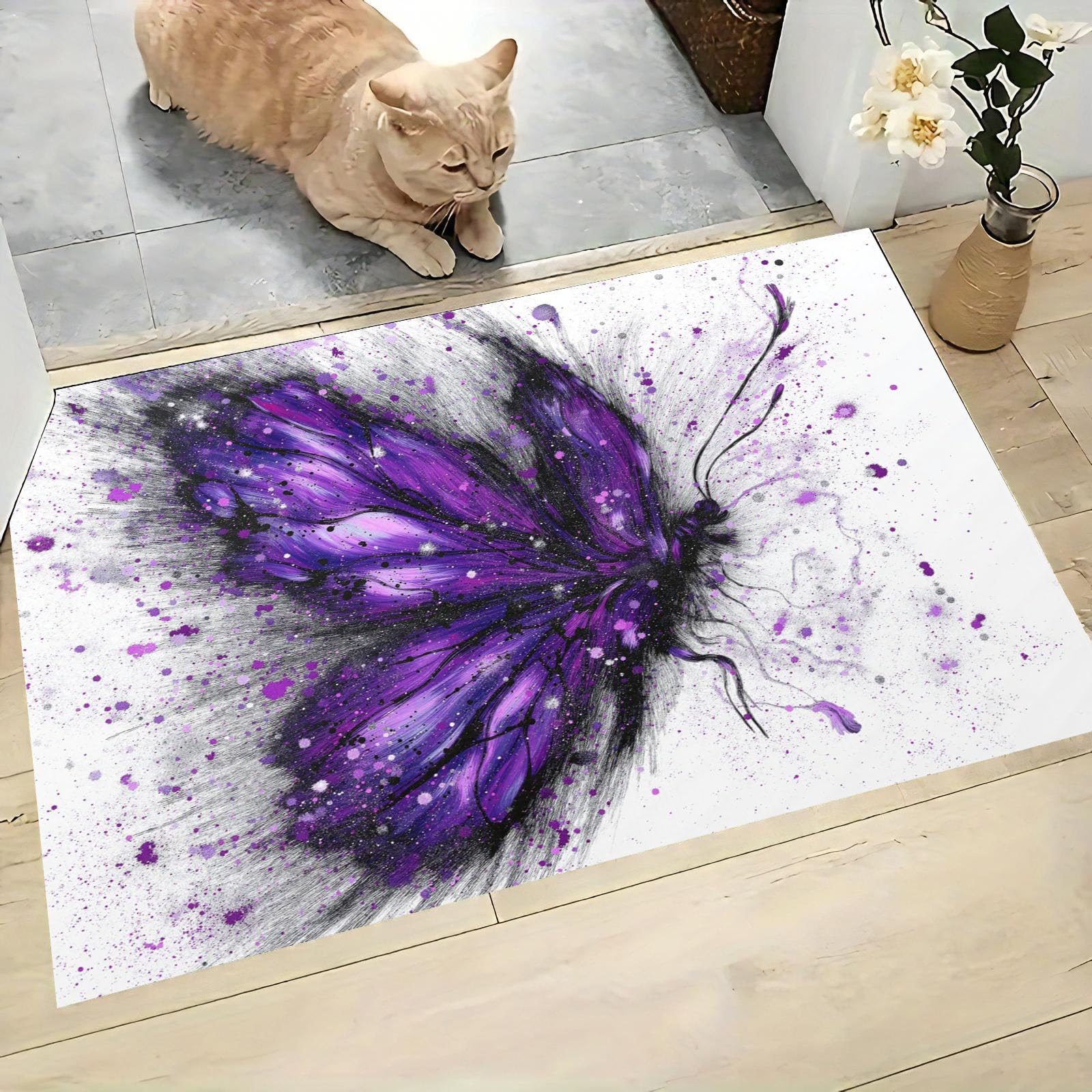 80 x 120 cm, paillasson d'entrée intérieur et extérieur, Tapis Art à l'encre éclaboussée Papillon Violet, Tapis de Sol résistant à la décoloration, Profil Bas, Facile à Nettoyer Violet