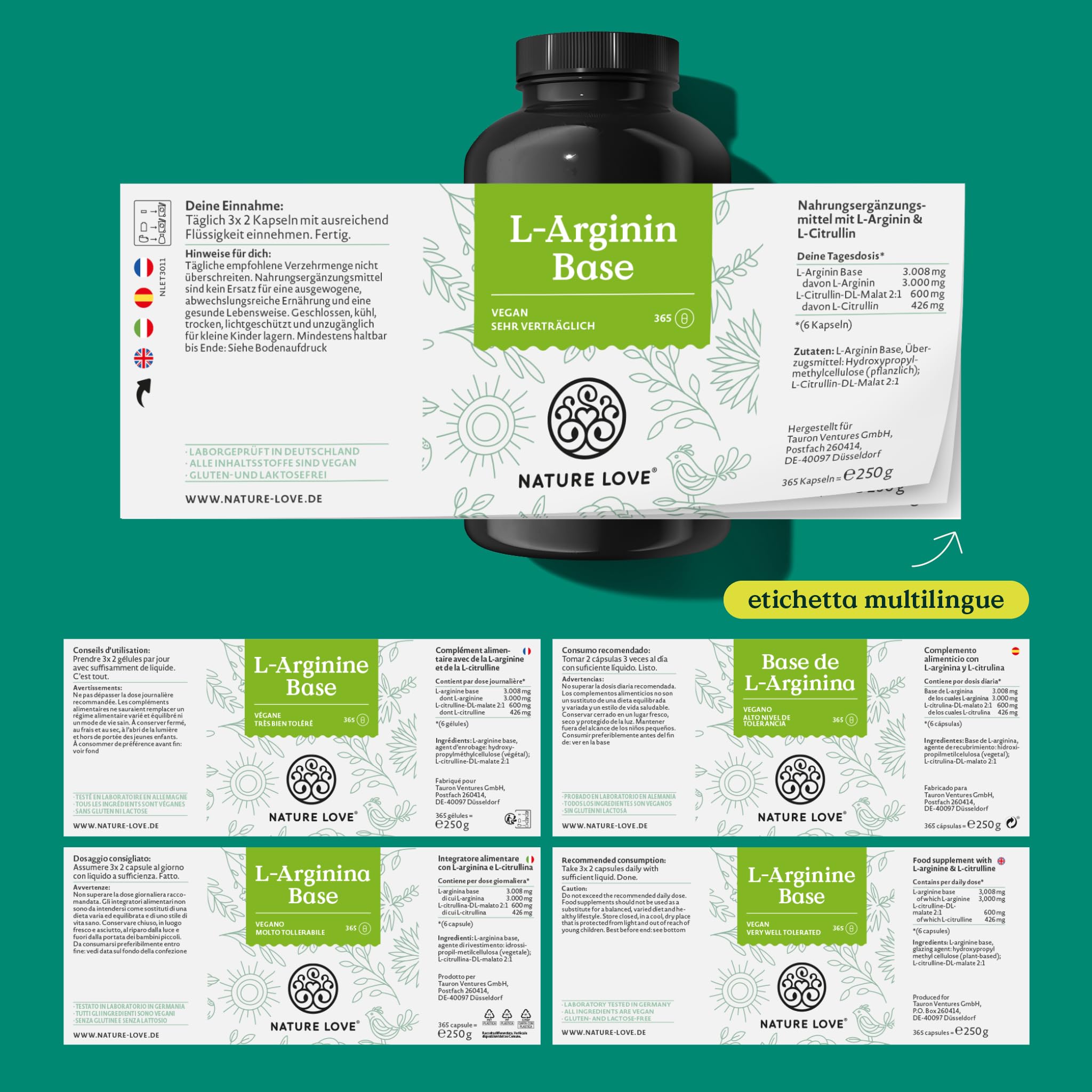 NATURE LOVE® L-arginina base con citrullina - 365 capsule - Arginina di origine vegetale di alta qualità in forma BASE con purezza 99,7+% - Ad alto dosaggio, vegana, prodotta in Germania