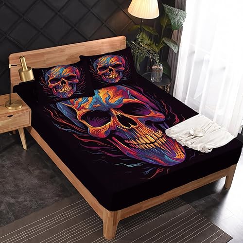 Miniatura 2 de Juego de sábanas de calavera tamaño King, sábanas de terror para niños y niñas, juego de sábanas aterradoras con sábana bajera de bolsillo profundo,