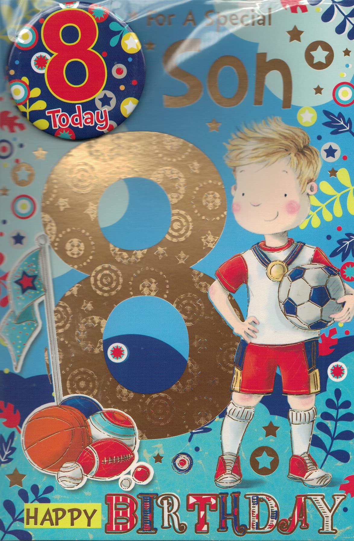 "Express Yourself" Birthday Card for Son Age 8 - Envelope and Badge Included - Football Champion Birthday Card for 8-Year-Old Son