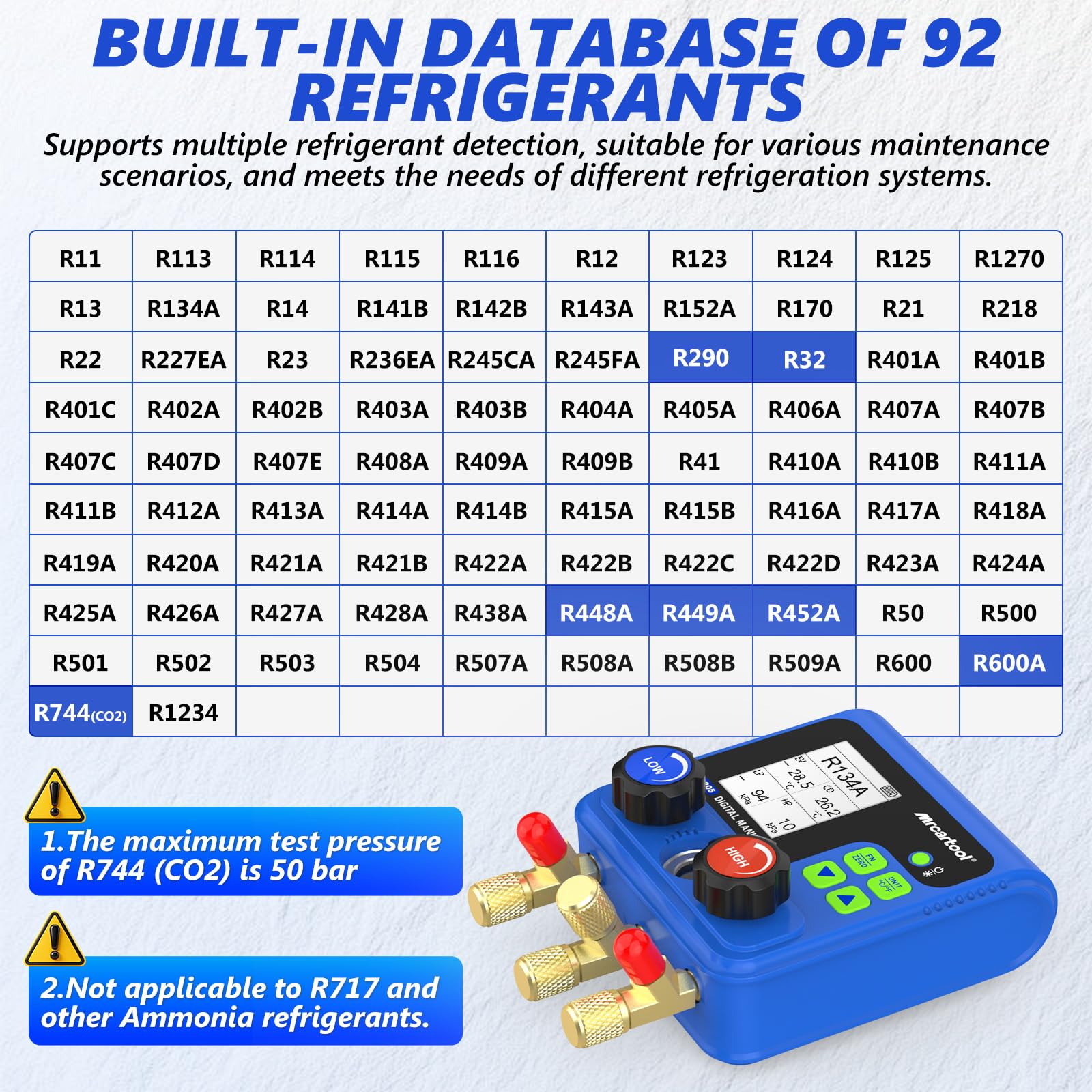 MRCARTOOL Outil de montage de réfrigérant L205 Distributeur numérique pour climatisation avec affichage de 92 réfrigérants HVAC R134A R32 R410A R11 R12 R422 R600